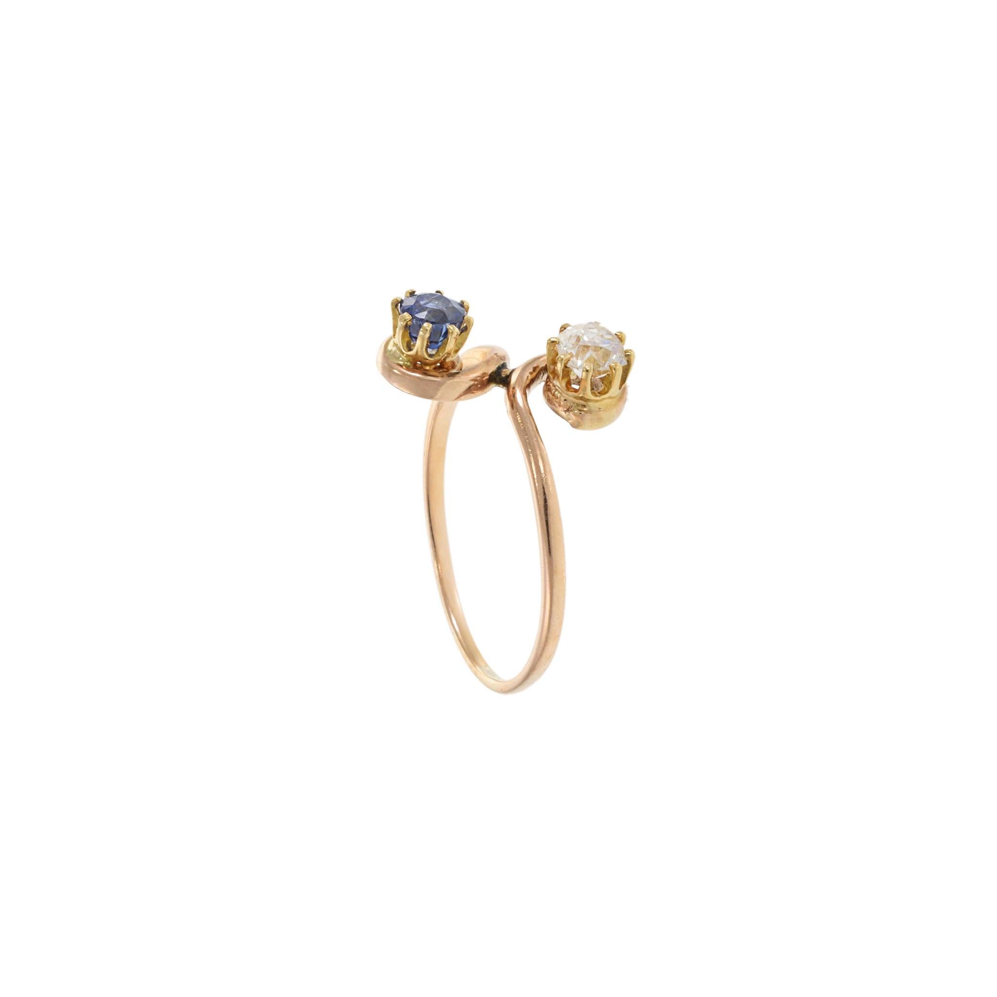 Victorian Era 10KT Yellow Gold Diamond and Sapphire Two-Stone Ring