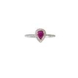 14KT White Gold Pear Shape Ruby and Diamond Halo Ring