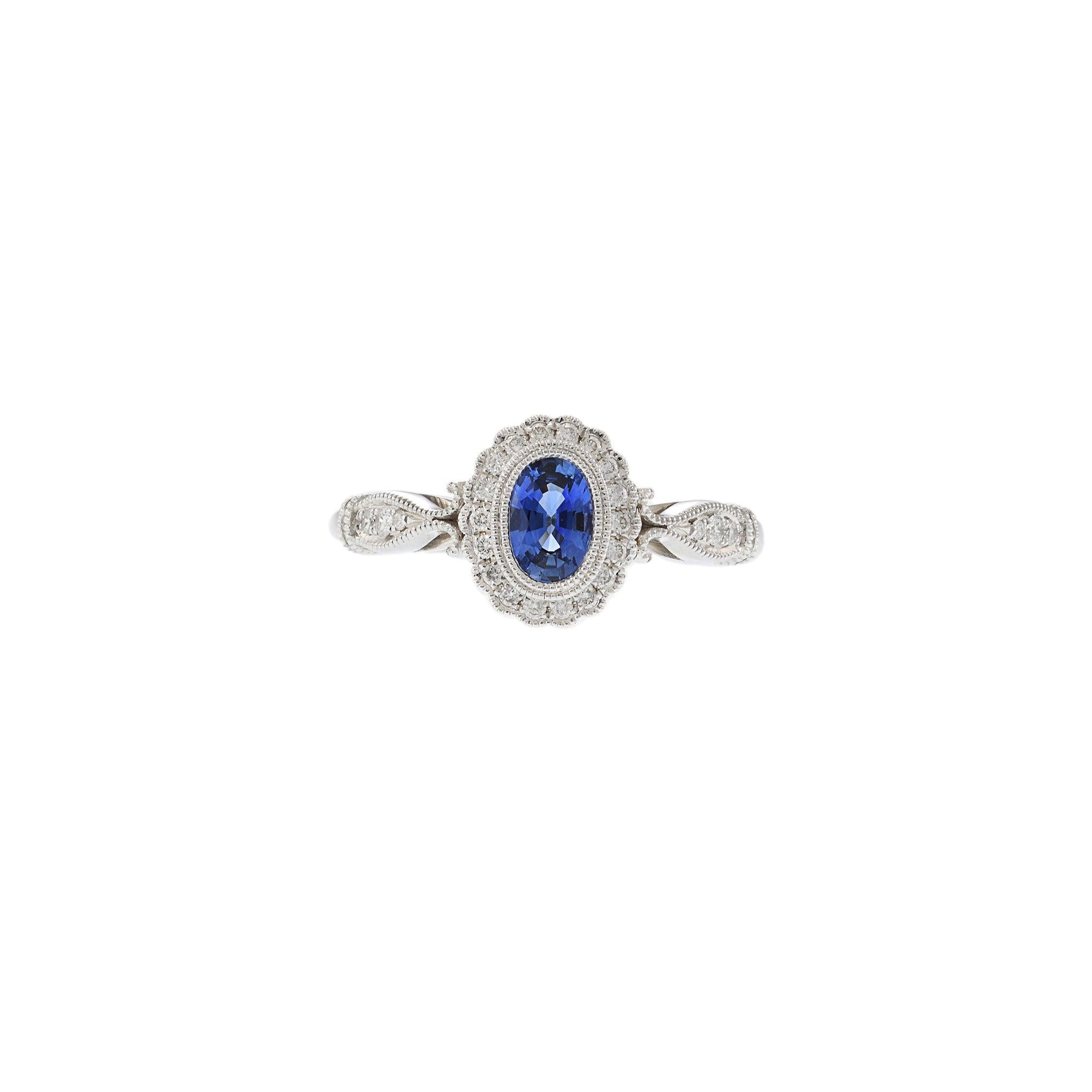 14KT White Gold Vintage-Inspired Oval Sapphire and Diamond Ring