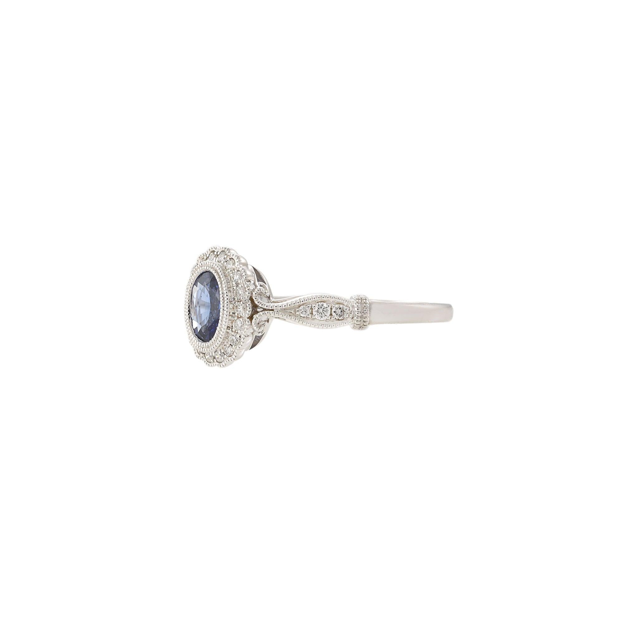 14KT White Gold Vintage-Inspired Oval Sapphire and Diamond Ring