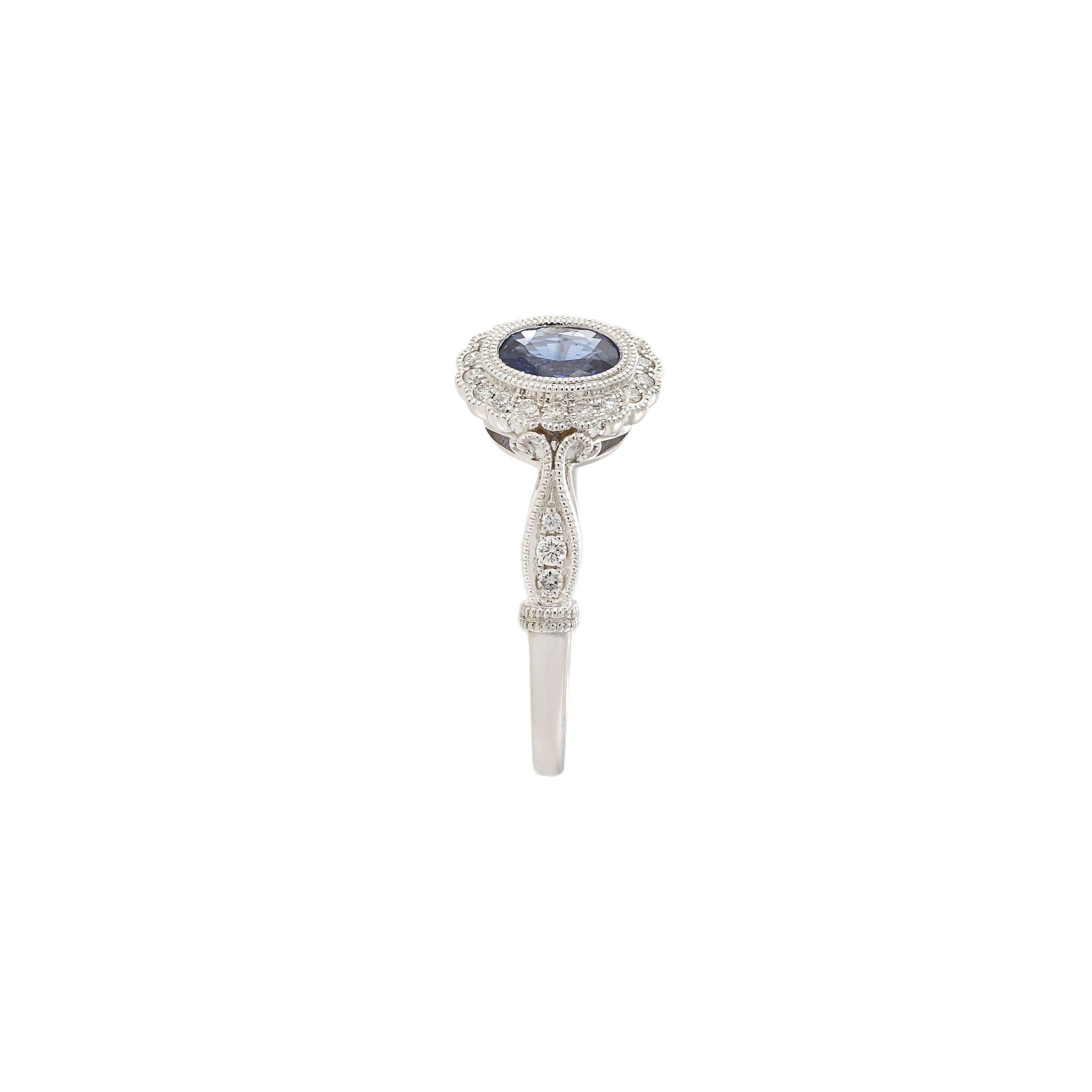 14KT White Gold Vintage-Inspired Oval Sapphire and Diamond Ring