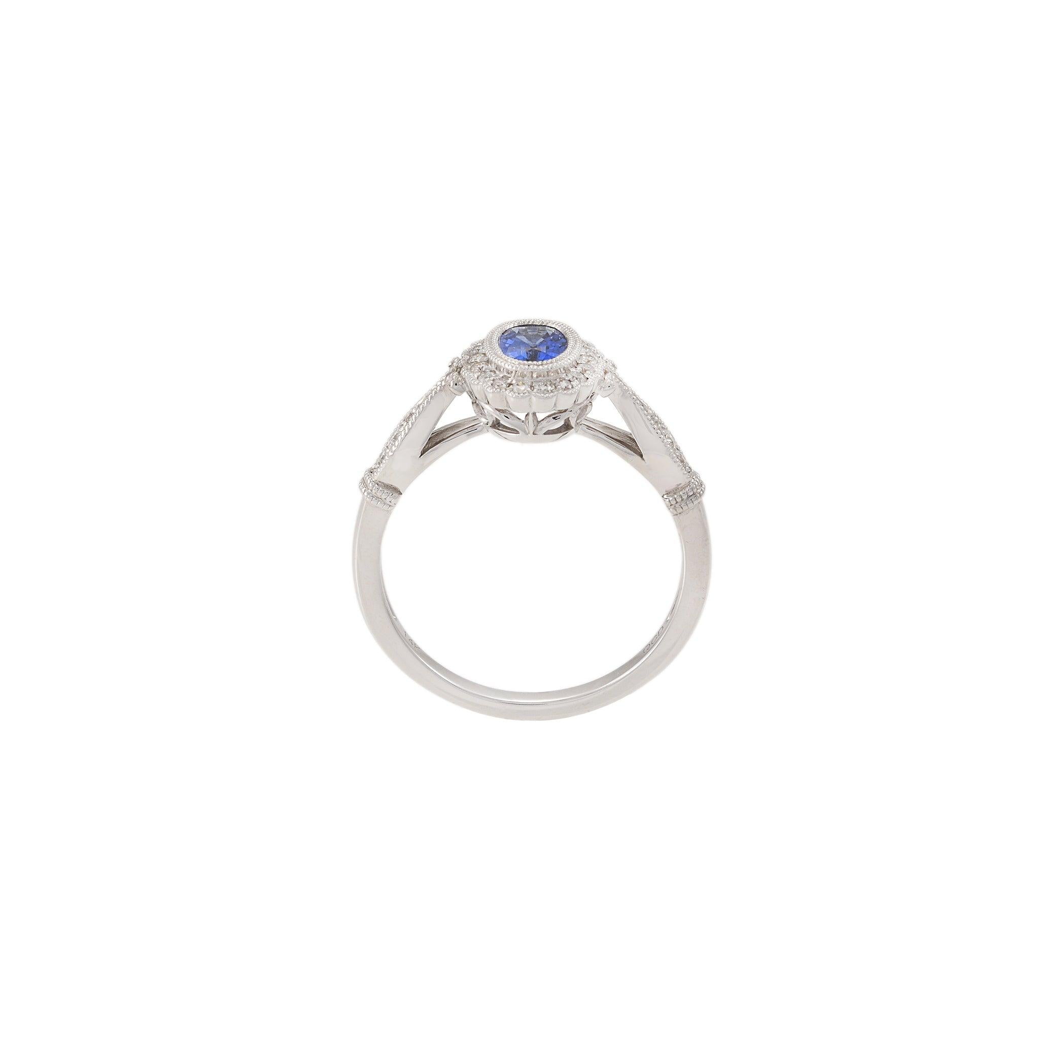 14KT White Gold Vintage-Inspired Oval Sapphire and Diamond Ring