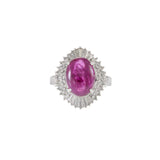 Platinum Estate Ruby Ring with Round and Baguette Diamond Halo