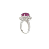 Platinum Estate Ruby Ring with Round and Baguette Diamond Halo