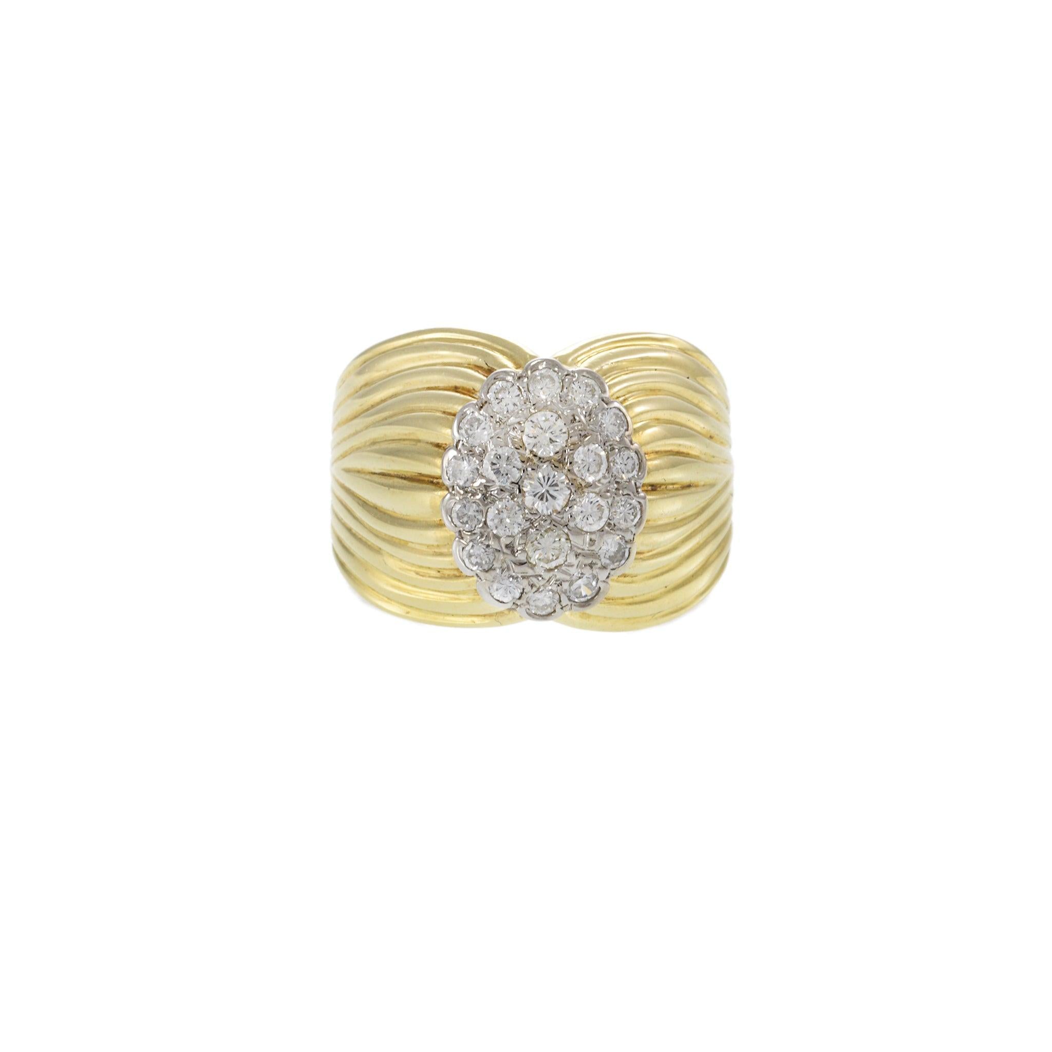 Vintage Retro Era 14KT Yellow Gold Diamond Cluster Ribbed Ring