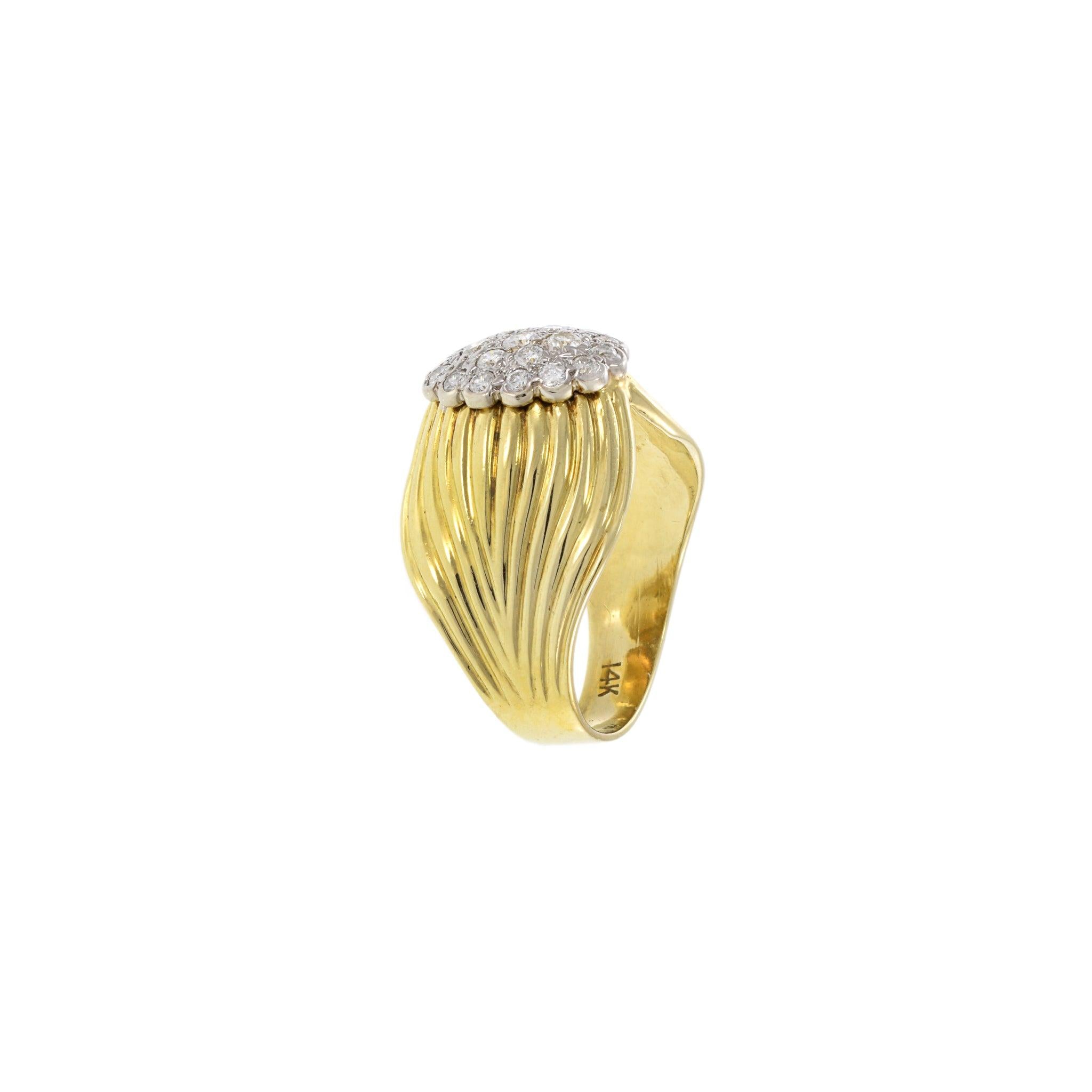 Vintage Retro Era 14KT Yellow Gold Diamond Cluster Ribbed Ring