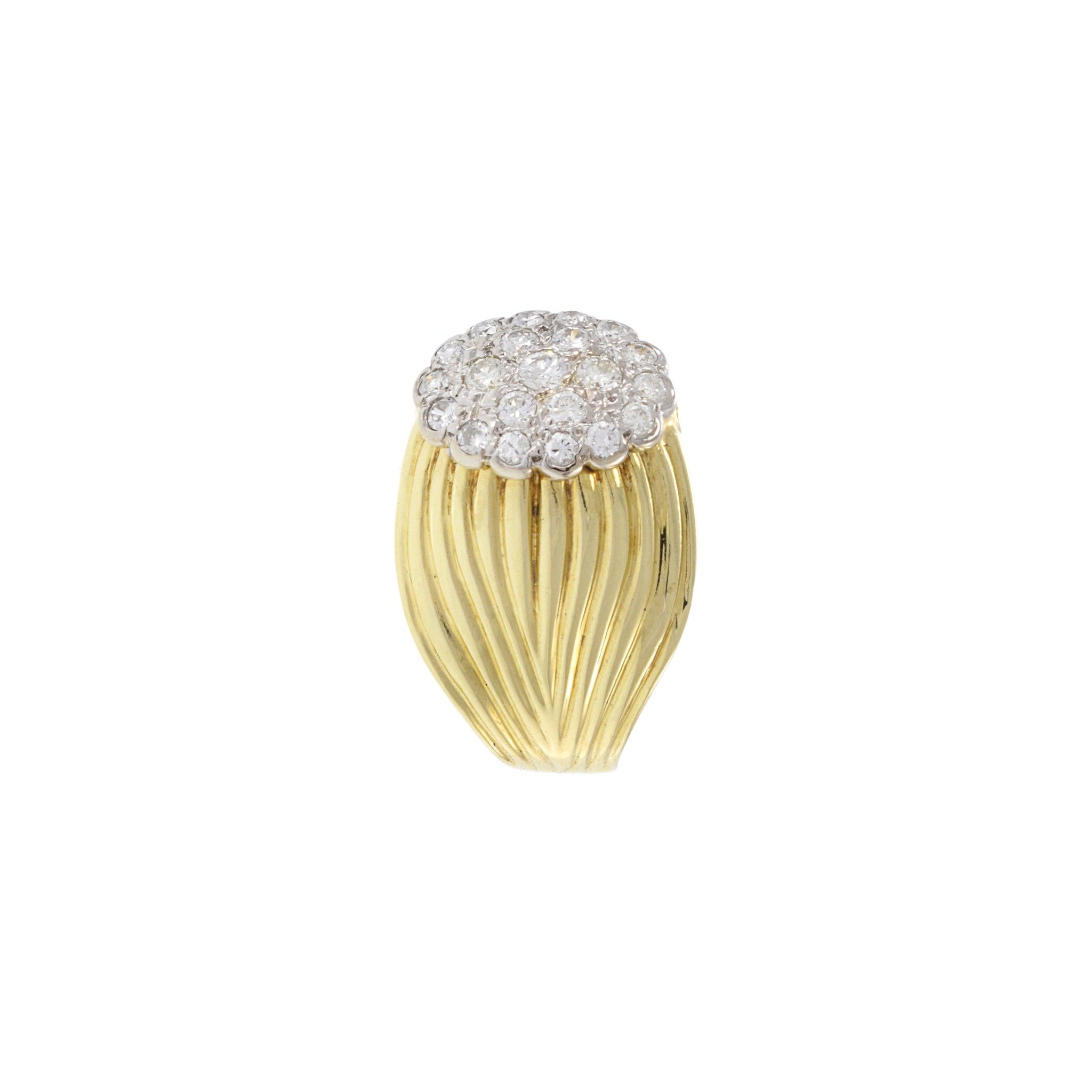 Vintage Retro Era 14KT Yellow Gold Diamond Cluster Ribbed Ring