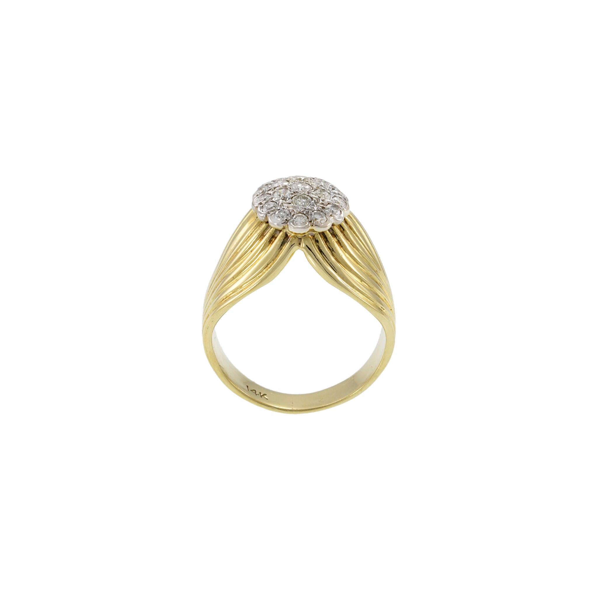 Vintage Retro Era 14KT Yellow Gold Diamond Cluster Ribbed Ring