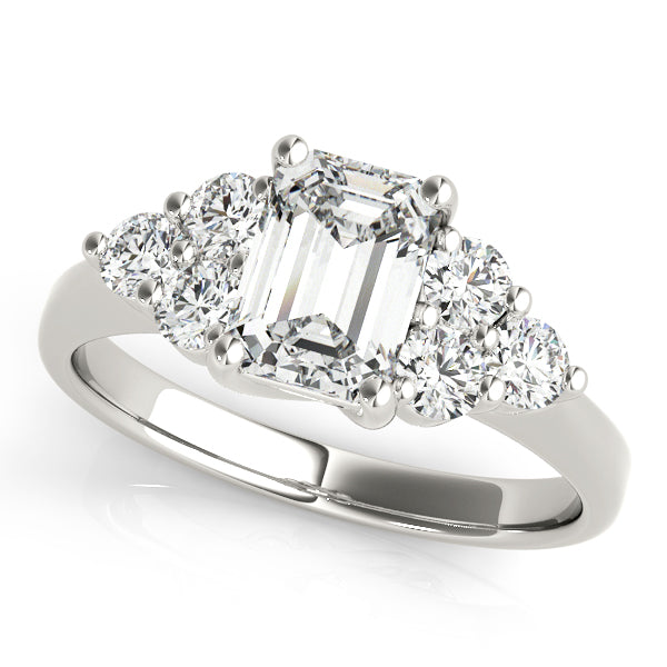14K White Gold Side Stone Emerald Shape Diamond Engagement Ring