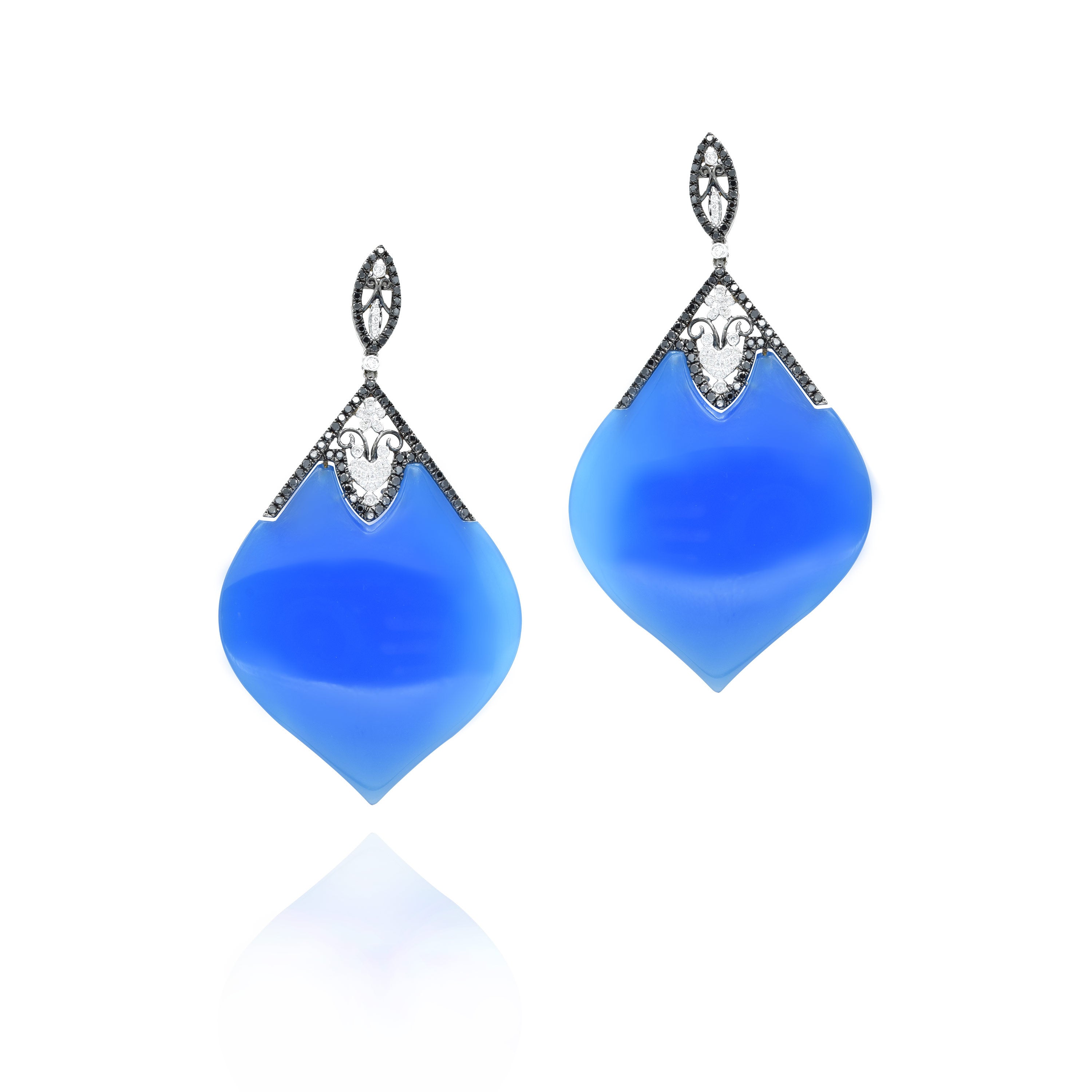 18kt White Gold Blue Agate Black And White Diamond Drop Earrings