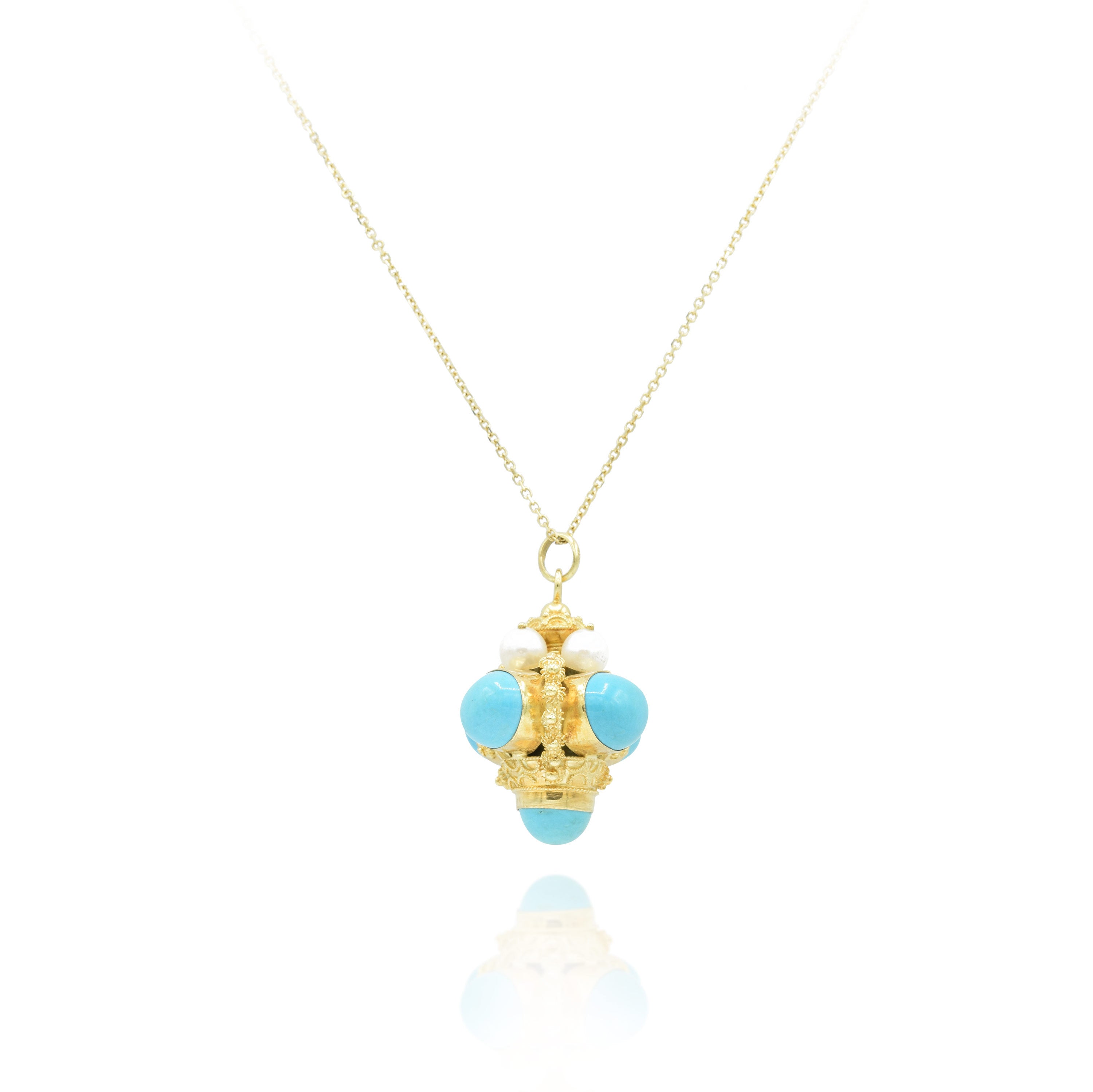 Estate 18KT Yellow Gold Turquoise And Pearl Pendant