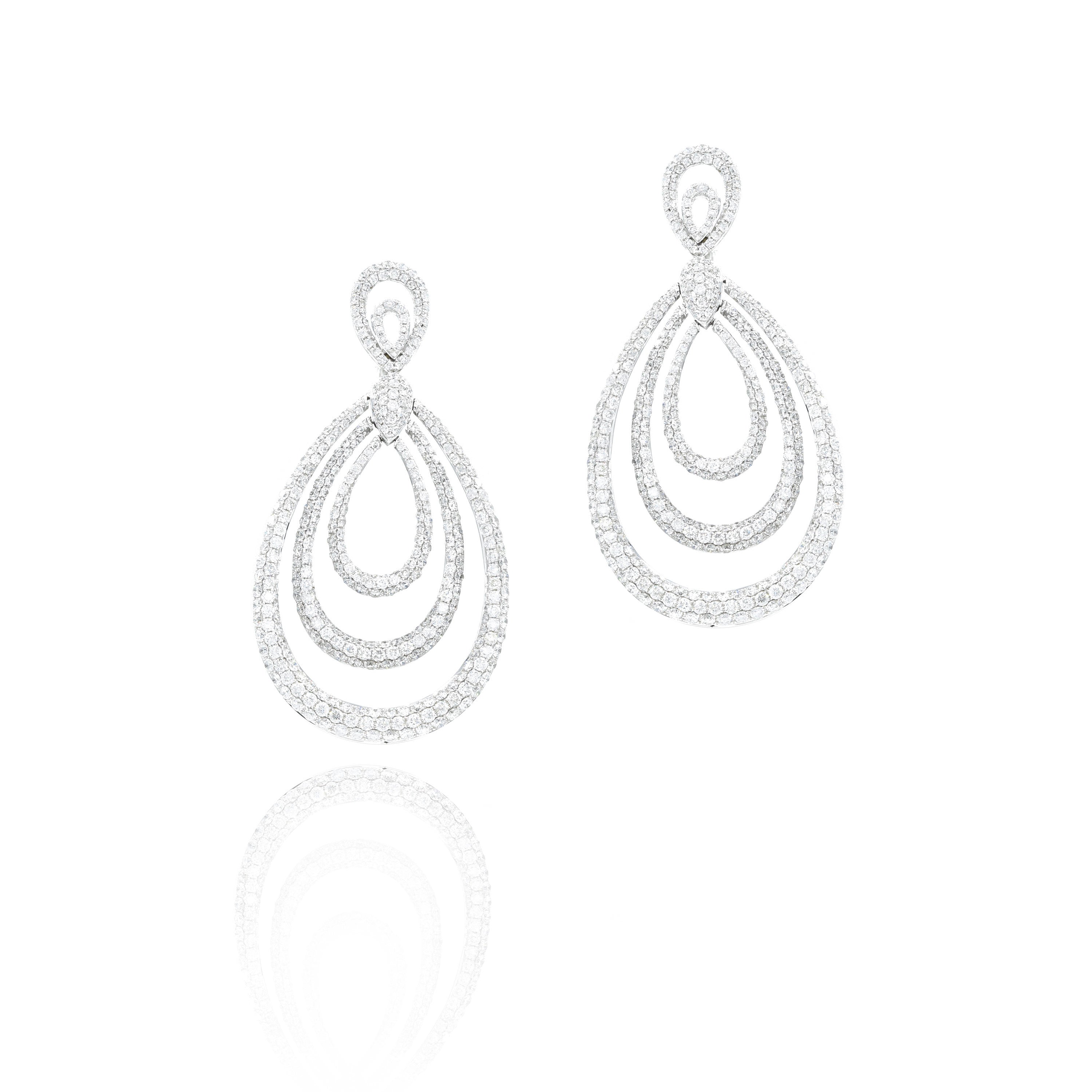 18KT White Gold Pave Diamond Triple Tear-Drop Earrings