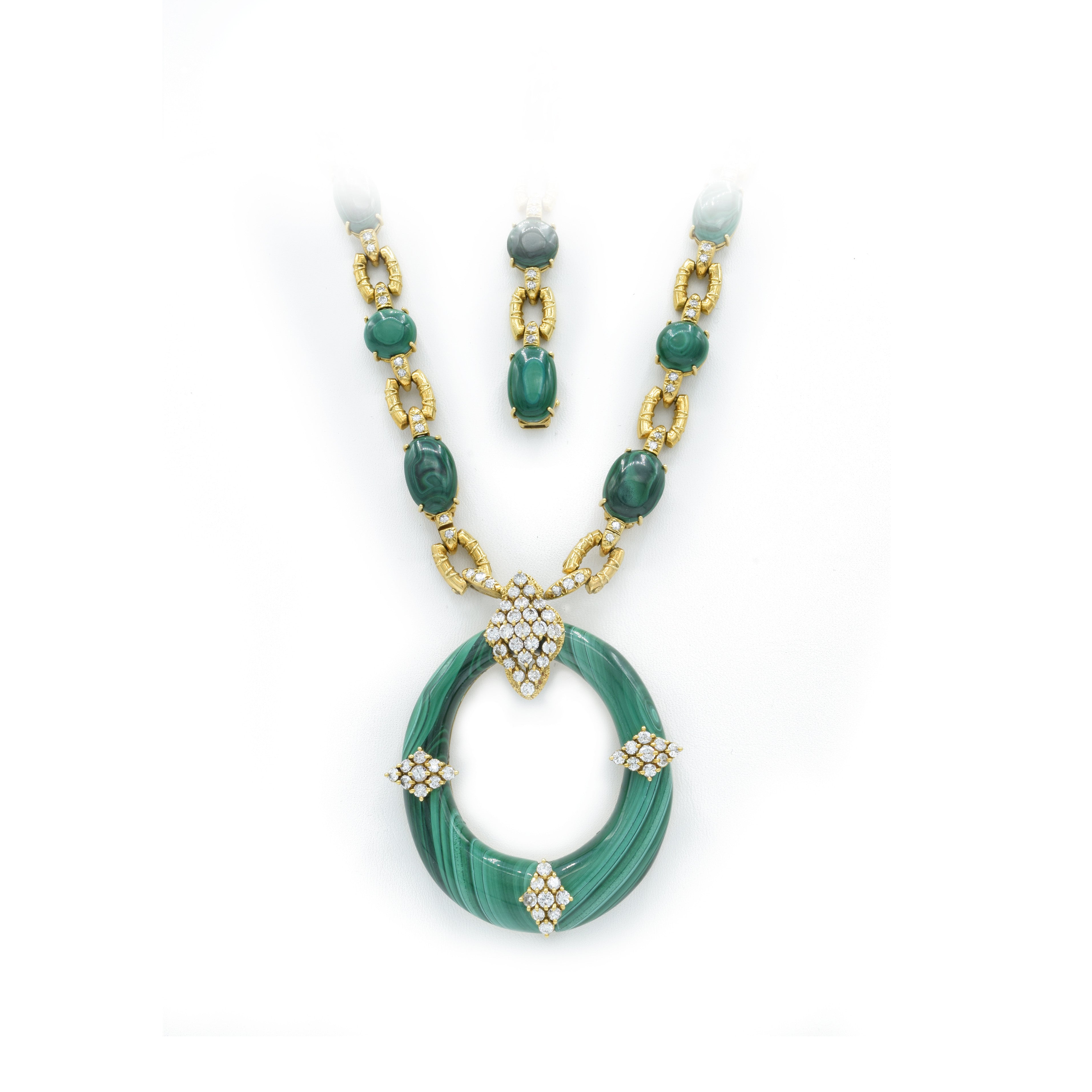 Estate European 18KT Yellow Gold Malachite And Diamond Convertible Necklace