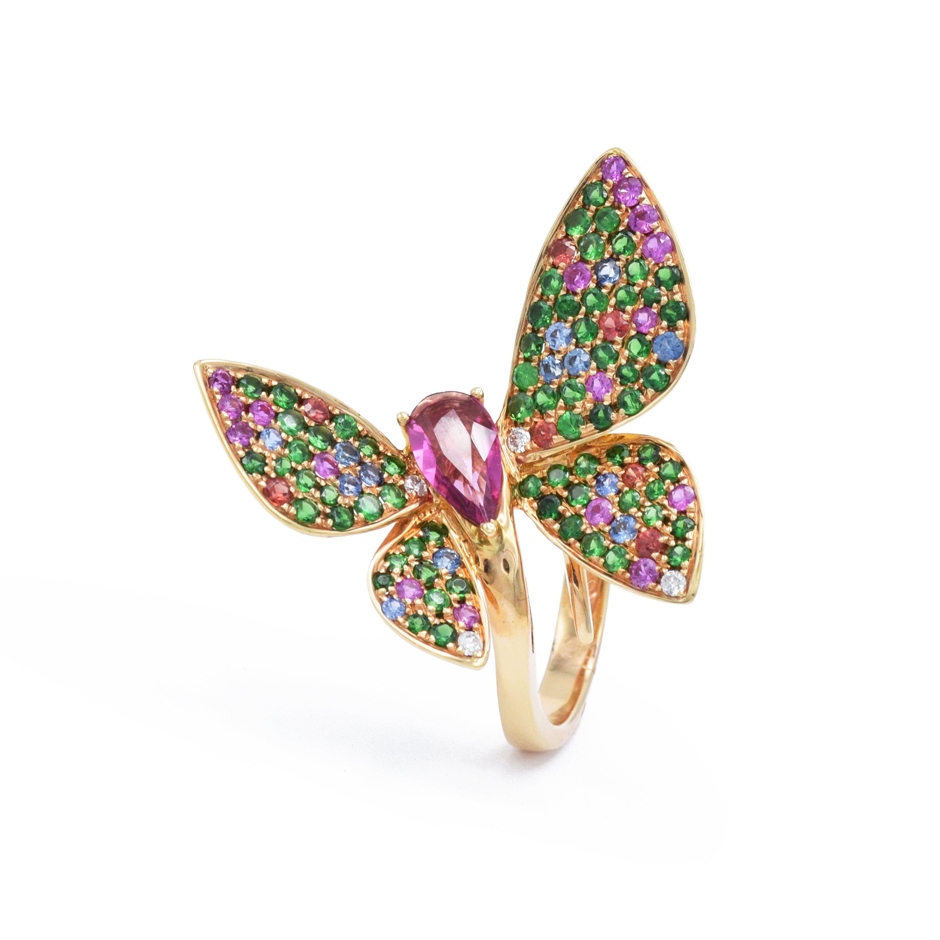18KT Rose Gold Butterfly Ring With Rubellite And Sapphires