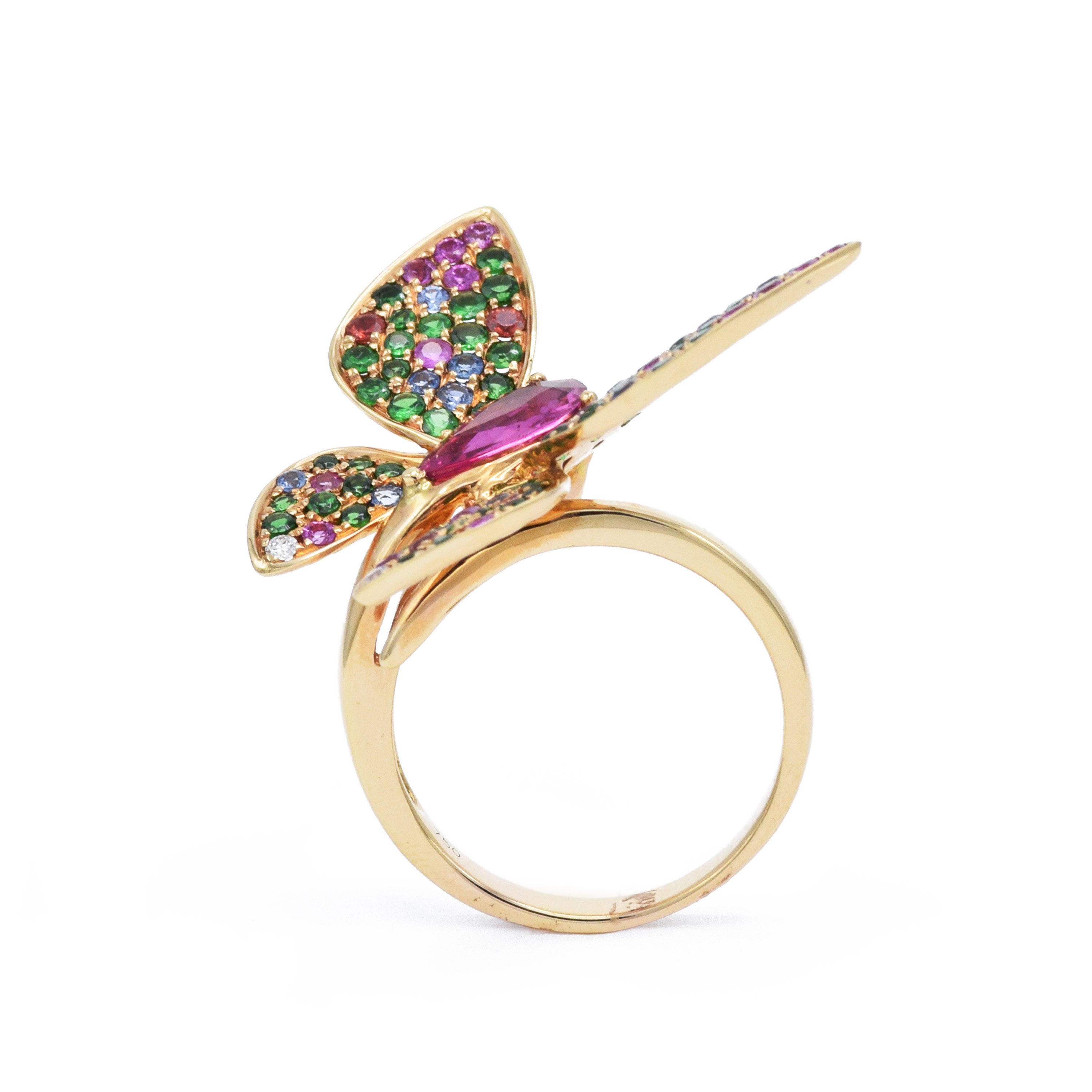 18KT Rose Gold Butterfly Ring With Rubellite And Sapphires