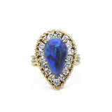 Vintage Gold & Pear Shaped Boulder Black Opal Ring with Diamonds