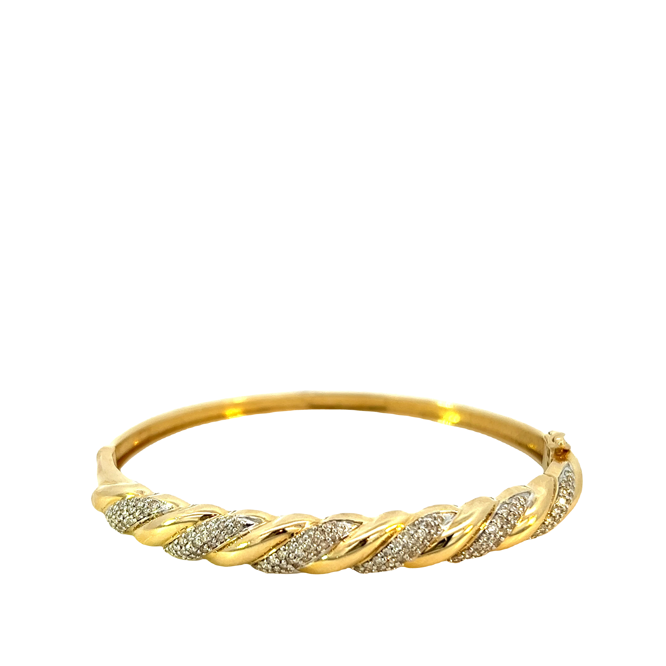 14KT Yellow Gold And Round Cut Diamonds Twisted Gold Bangle