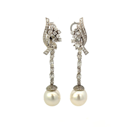 Vintage 14KT White Gold Diamond And South Sea Pearl Earrings