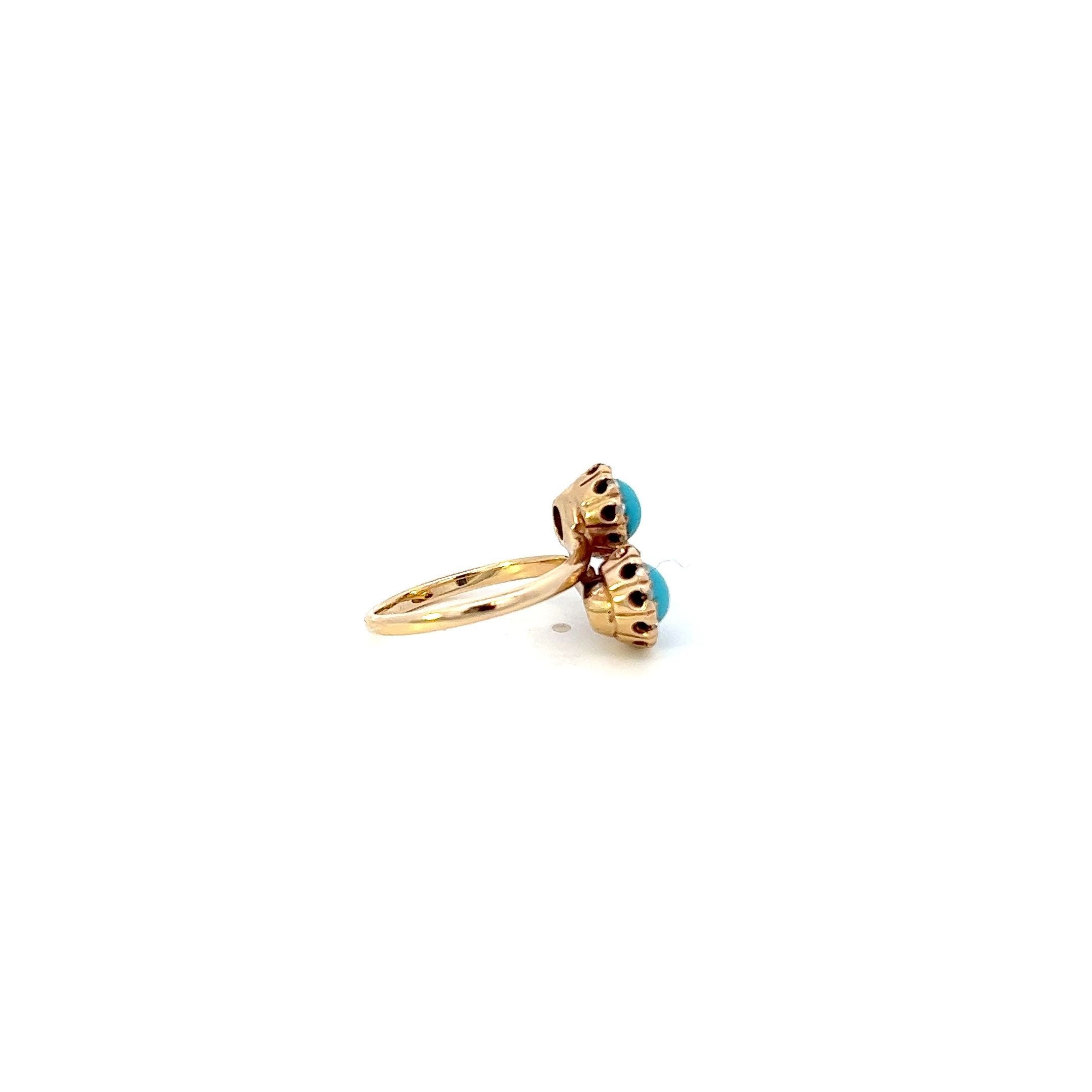 Vintage 14KT Yellow Gold Double Genuine Turquoise And Diamond Ring