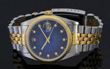 Vintage Rolex Datejust Ref. 16233 36mm with factory vignette blue diamond dial, two tone Jubilee bracelet and fluted gold bezel