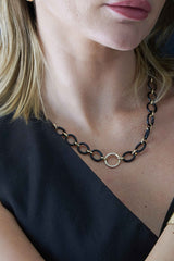 14KT Yellow Gold and Black Sterling Silver Circle Link Oval Chain Necklace with Diamonds