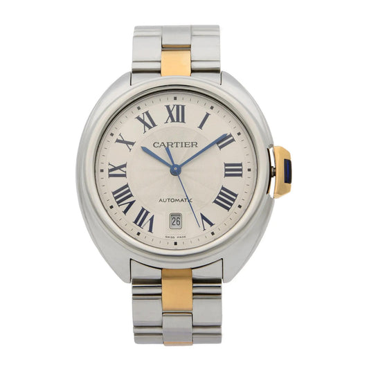 Cle De Cartier 18k Rose Gold Steel Silver Guilloche Automatic Watch W2CL0002