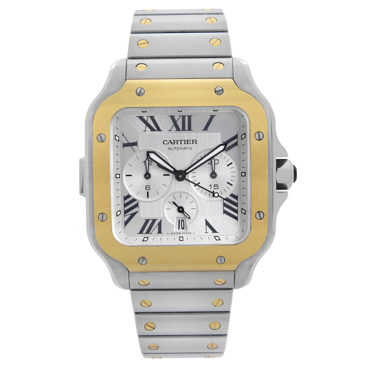 Cartier Santos 18k Yellow Gold Steel Chronograph Silver Dial Mens Watch W2SA0008