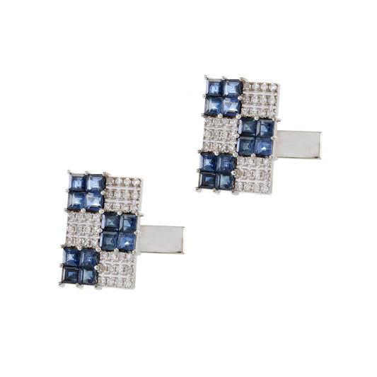 Louis Martin 14KT White Gold Sapphire and Diamond Checkerboard Cufflinks