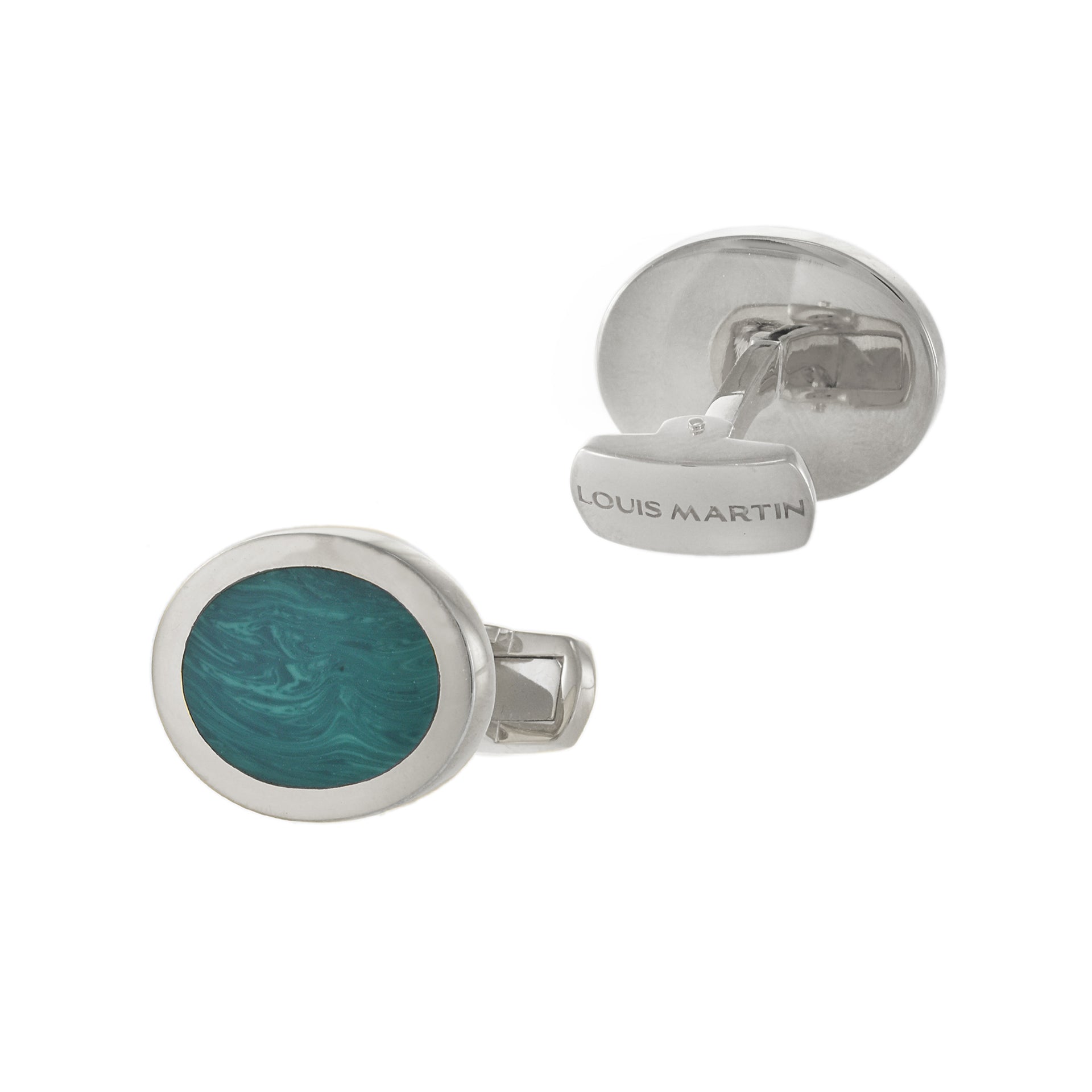 Louis Martin Sterling Silver Oval Malachite Cufflinks