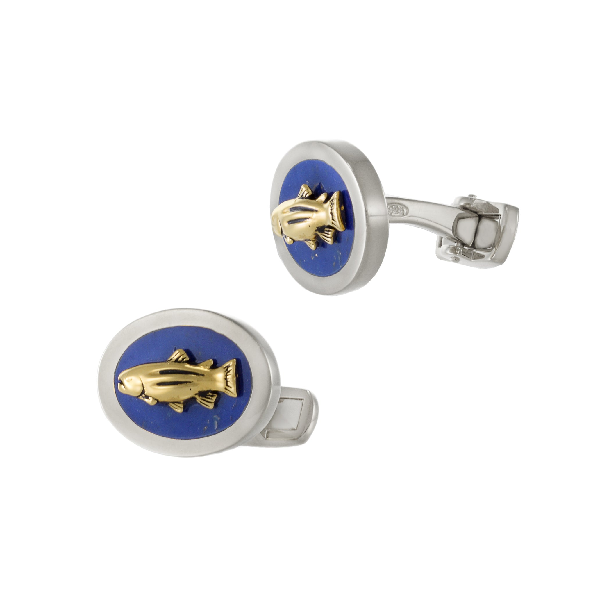 Louis Martin Sterling Silver Genuine Lapis with Fish Cufflinks