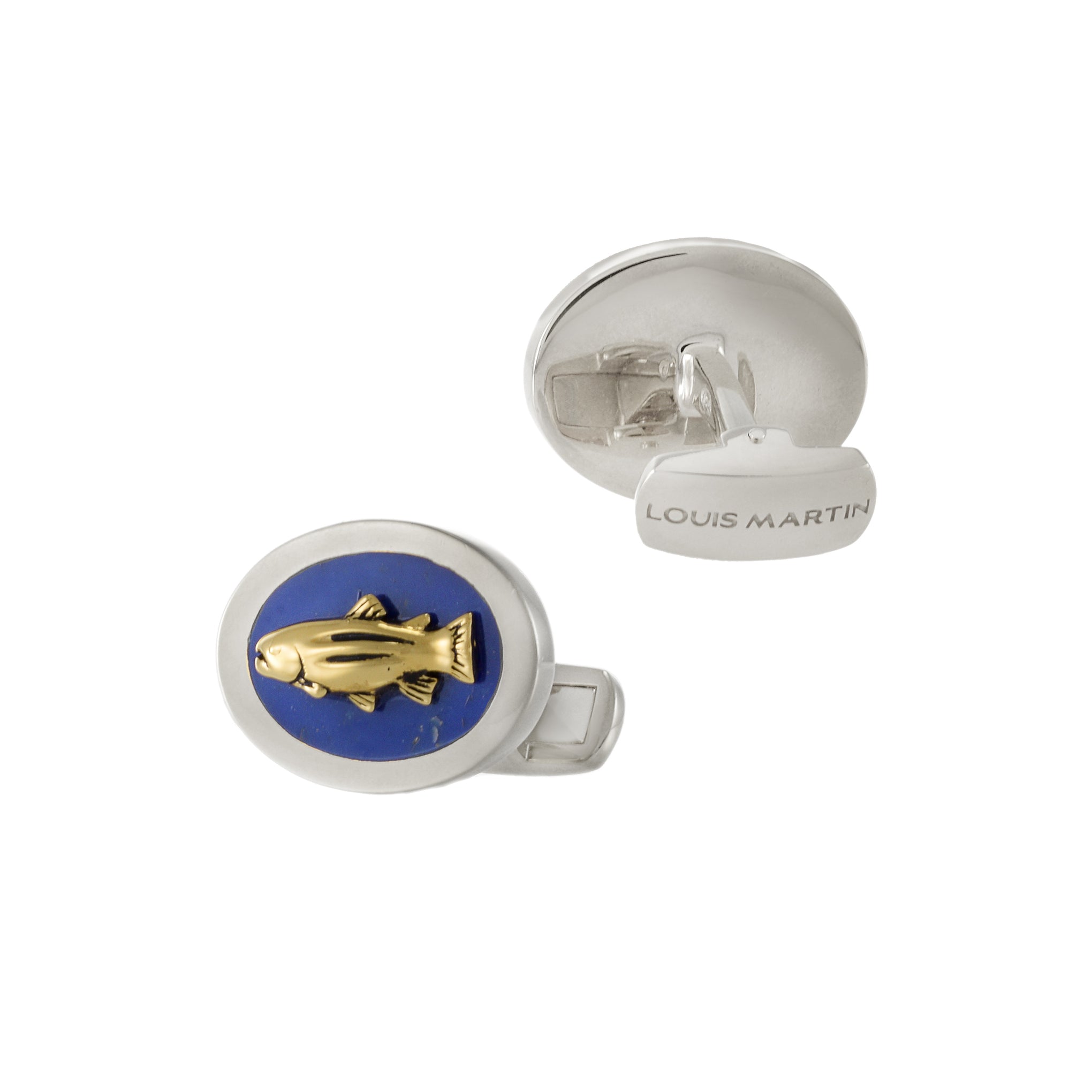 Louis Martin Sterling Silver Genuine Lapis with Fish Cufflinks