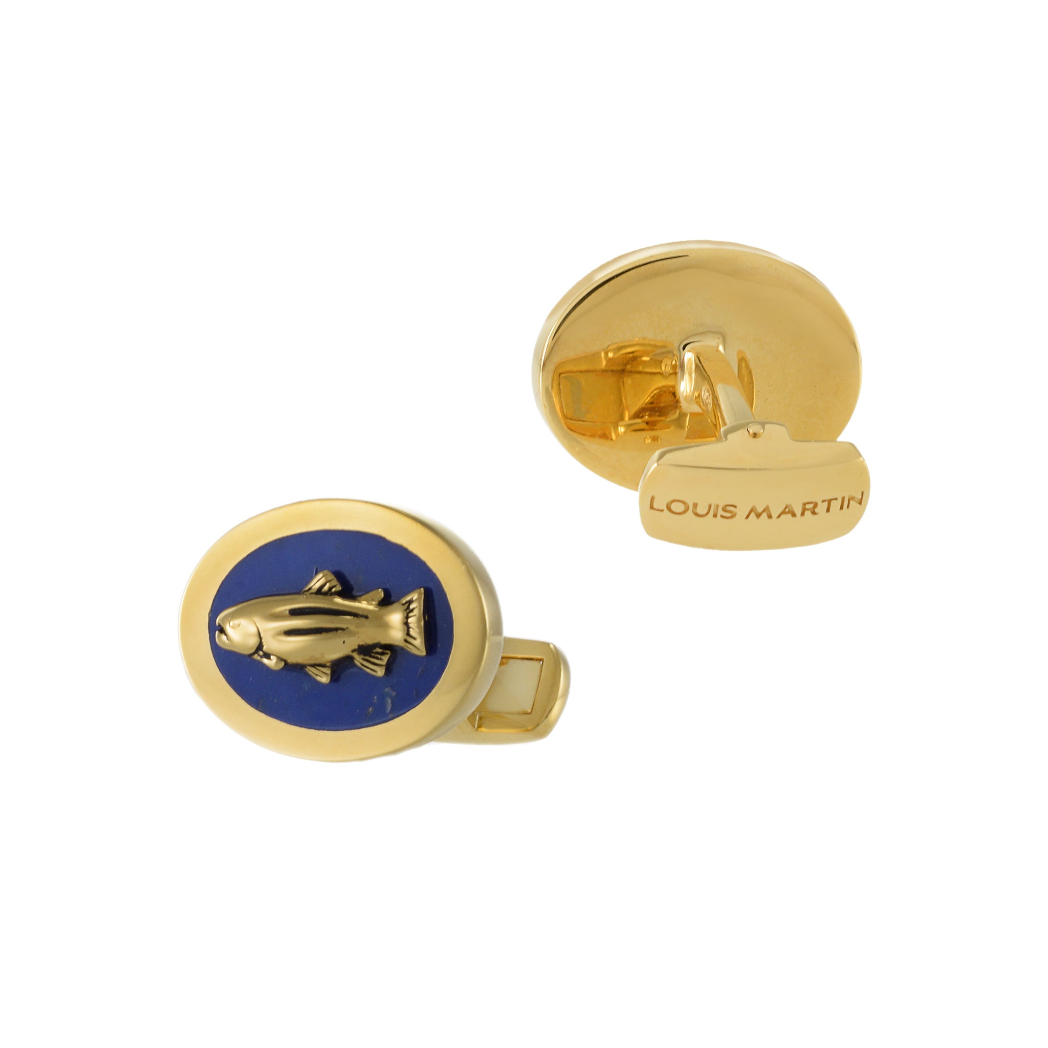 Louis Martin 18KT Yellow Gold Vermeil Genuine Lapis Fish Cufflinks