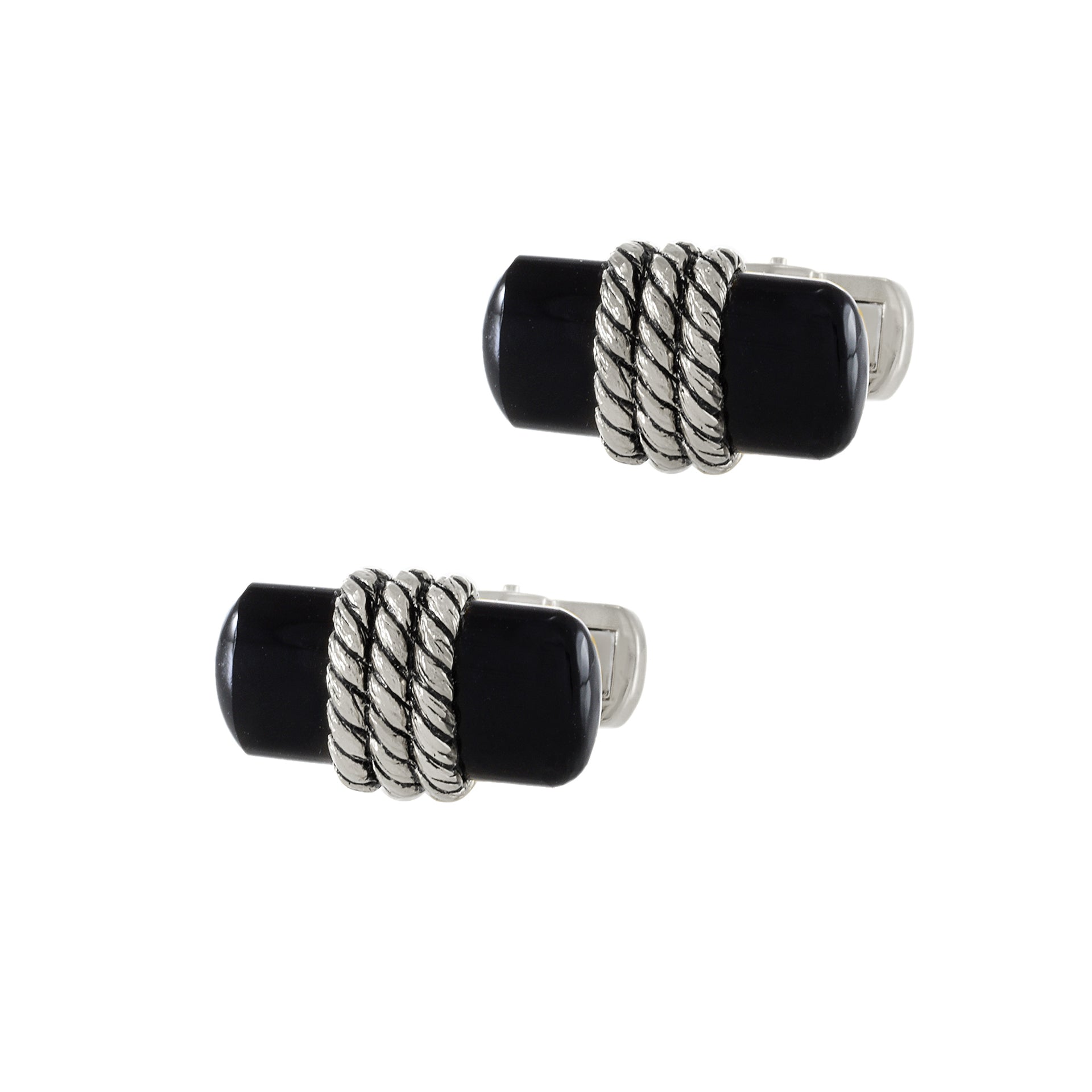 Louis Martin Sterling Silver and Black Onyx Bar with Rope Cufflinks