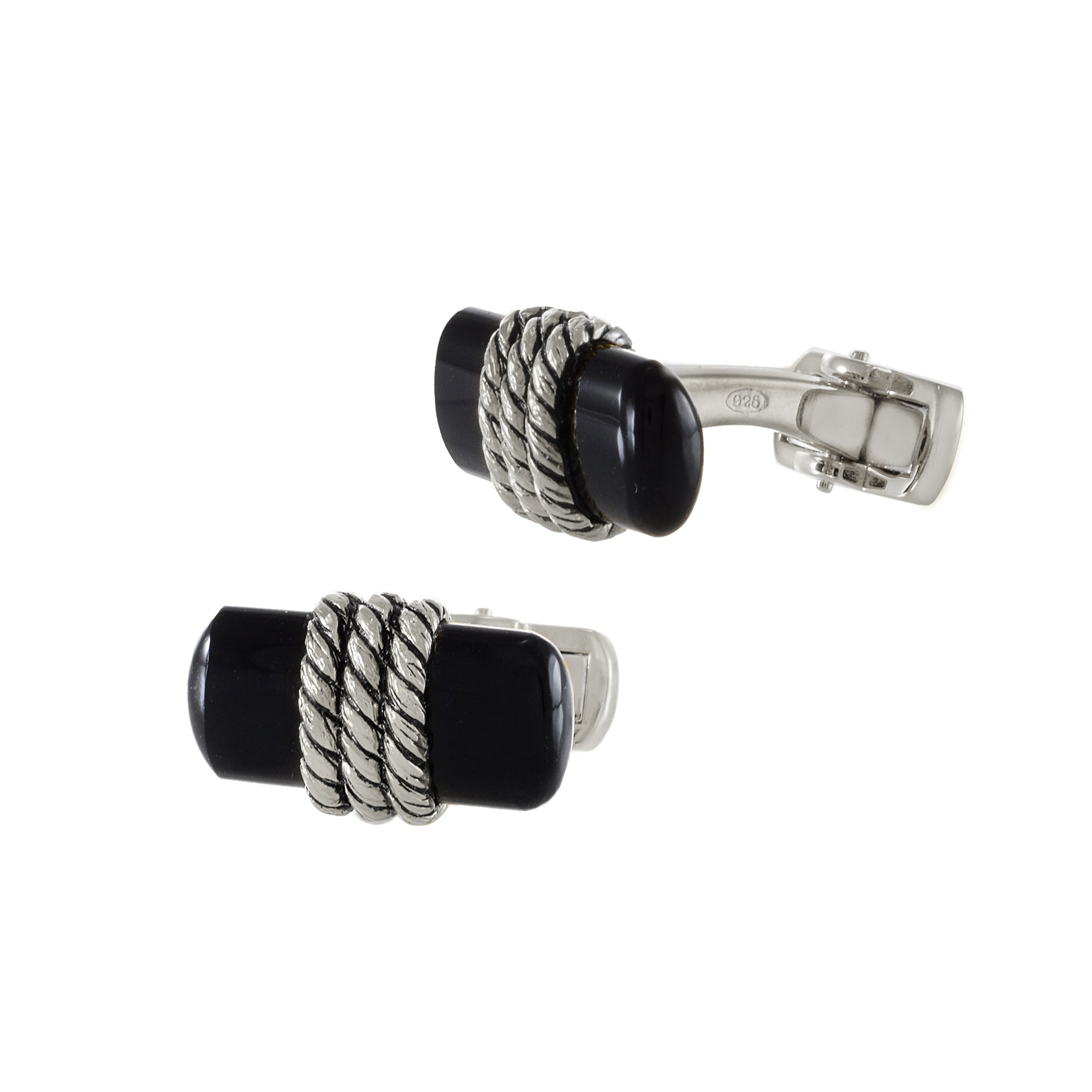 Louis Martin Sterling Silver and Black Onyx Bar with Rope Cufflinks