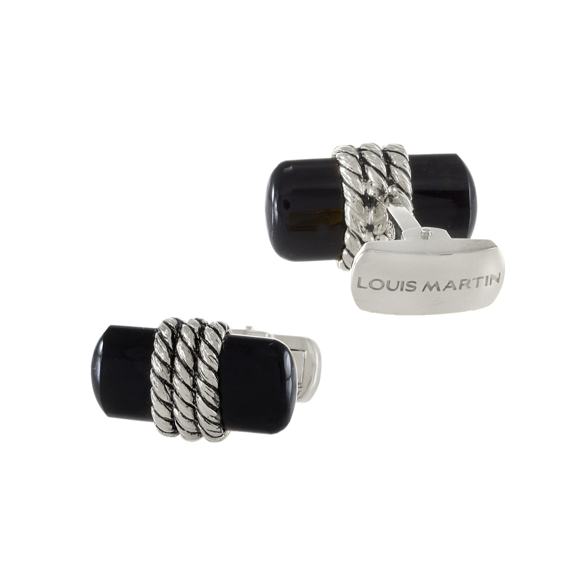 Louis Martin Sterling Silver and Black Onyx Bar with Rope Cufflinks