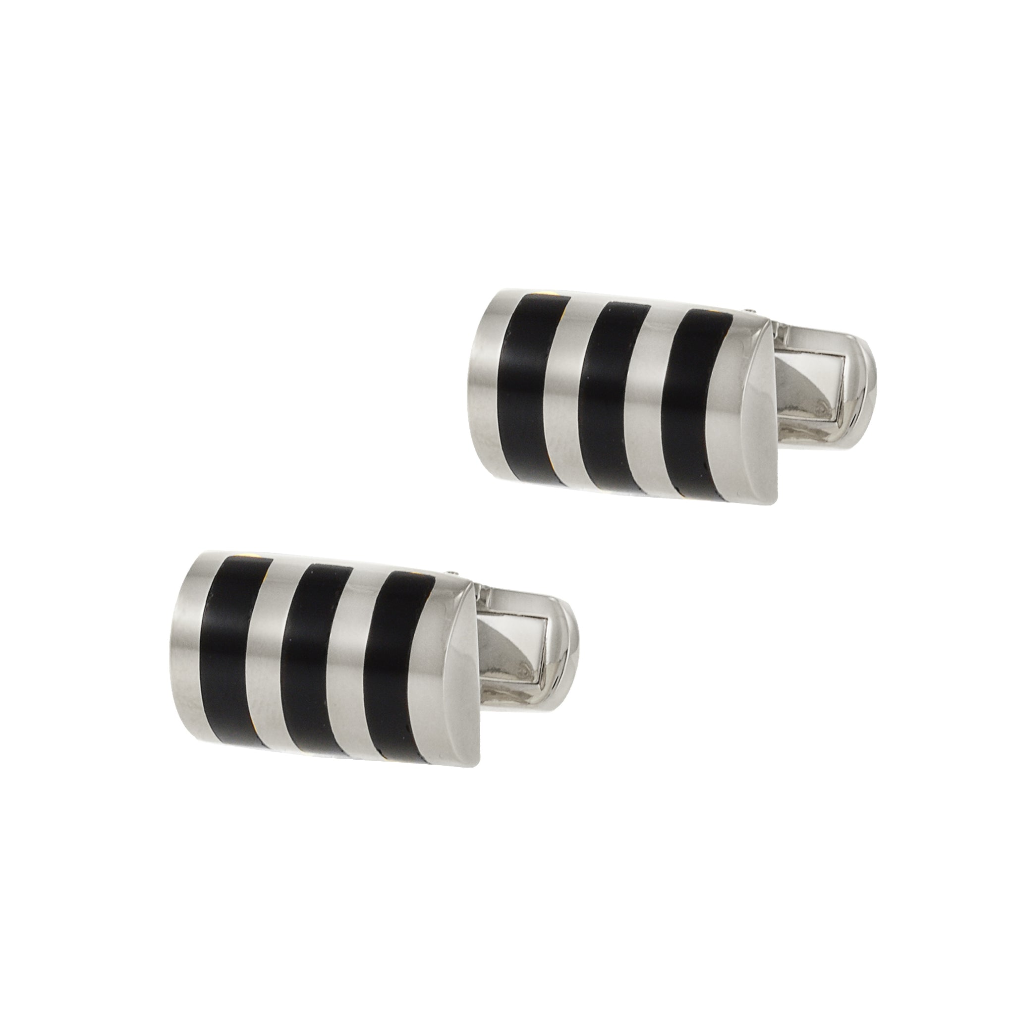 Louis Martin Sterling Silver and Black Onyx Inlaid Stone Striped Cufflinks