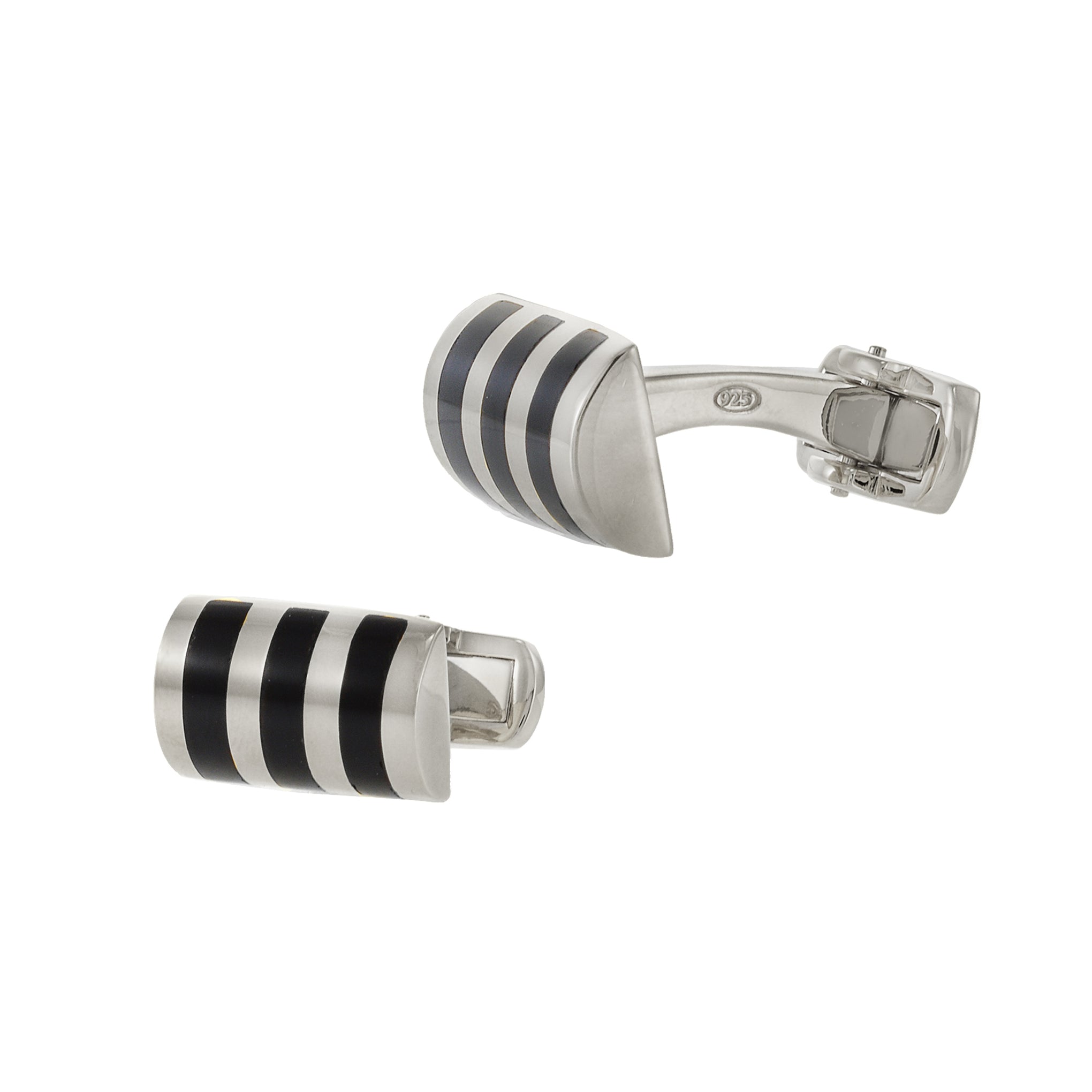 Louis Martin Sterling Silver and Black Onyx Inlaid Stone Striped Cufflinks