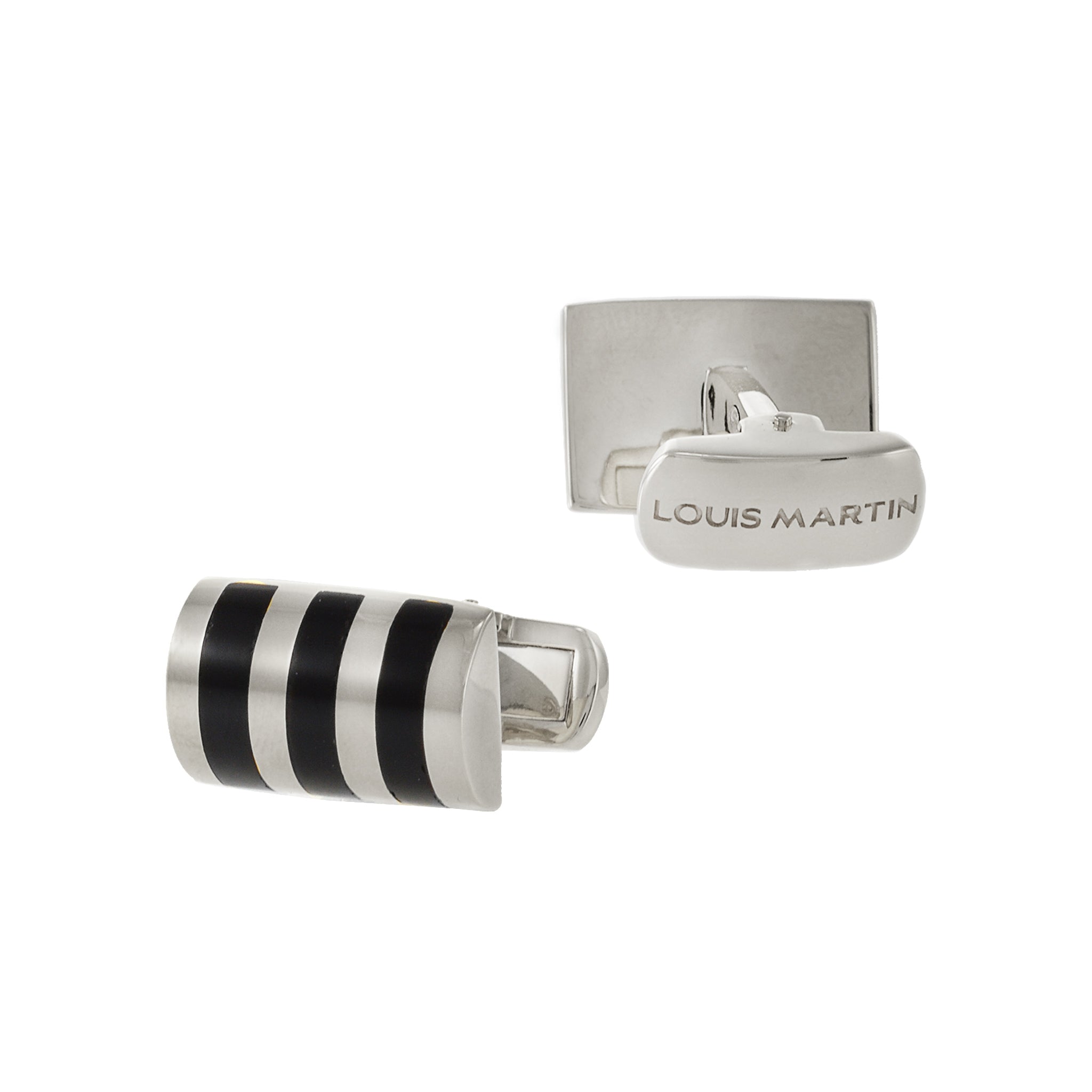 Louis Martin Sterling Silver and Black Onyx Inlaid Stone Striped Cufflinks