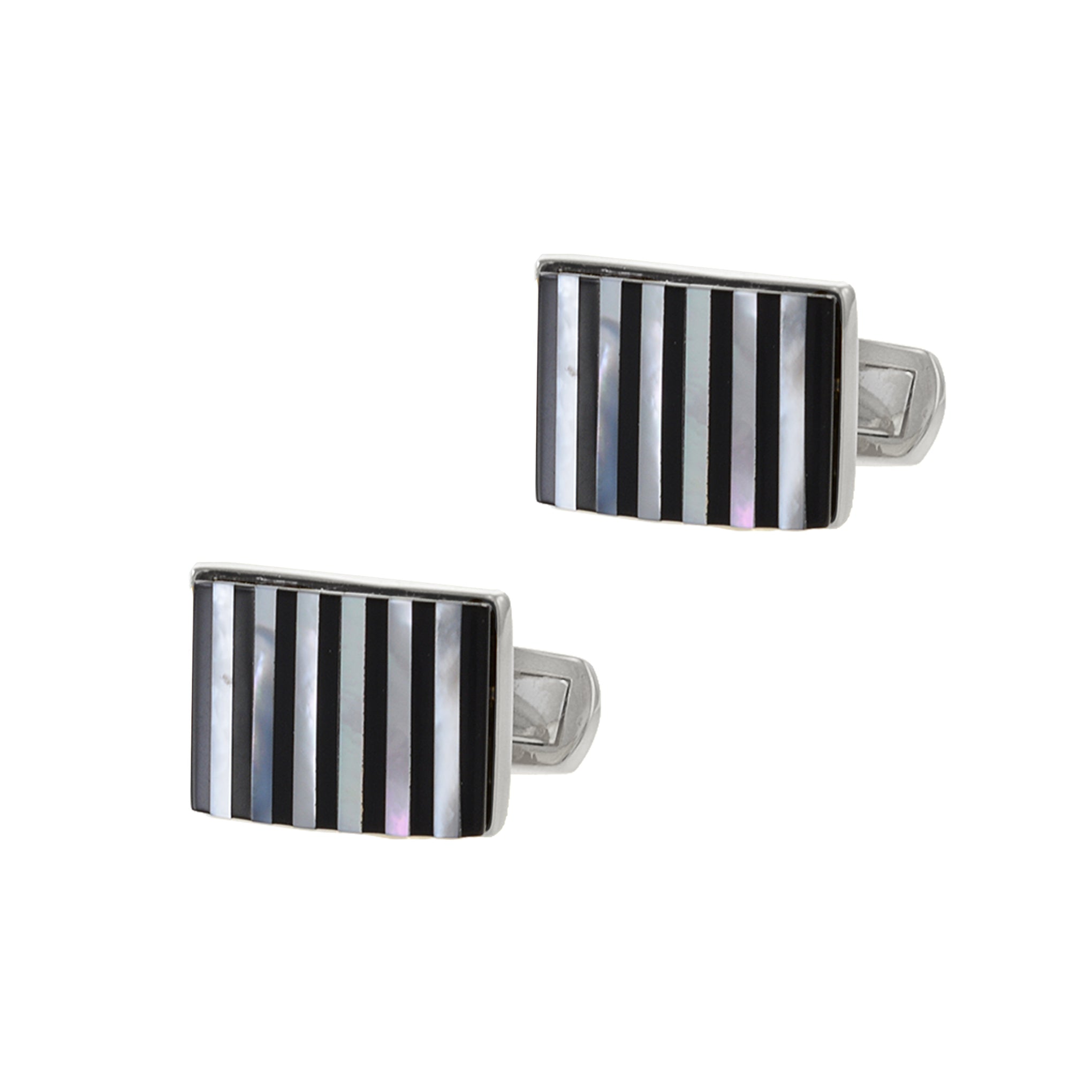 Louis Martin Sterling Silver Black Onyx and Mother of Pearl Stripe Pattern Cufflinks