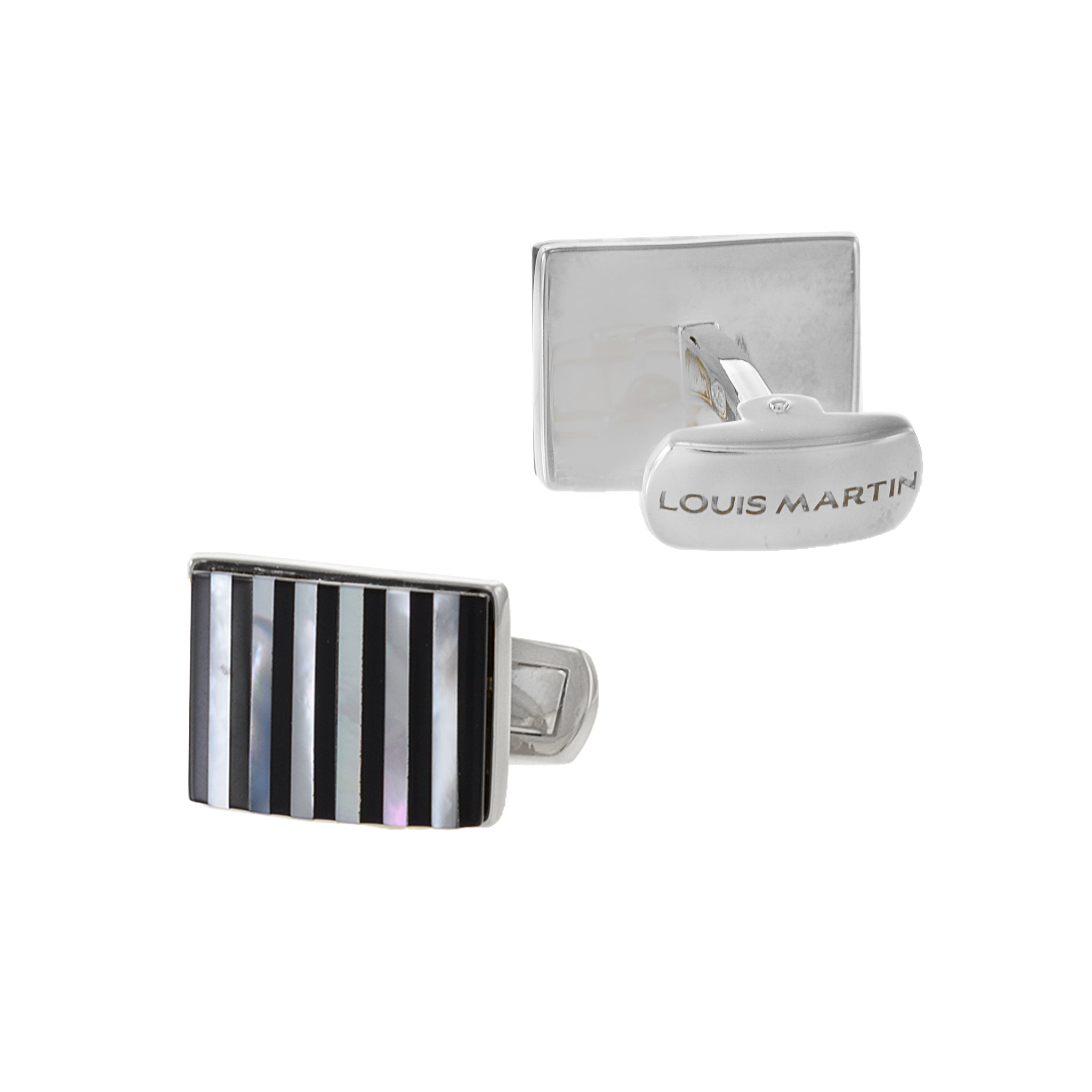 Louis Martin Sterling Silver Black Onyx and Mother of Pearl Stripe Pattern Cufflinks