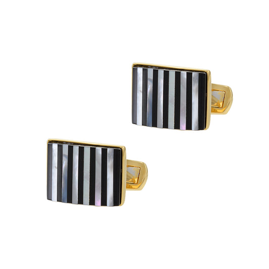 Louis Martin 18KT Yellow Gold Vermeil Black Onyx and Mother of Pearl Striped Cufflinks