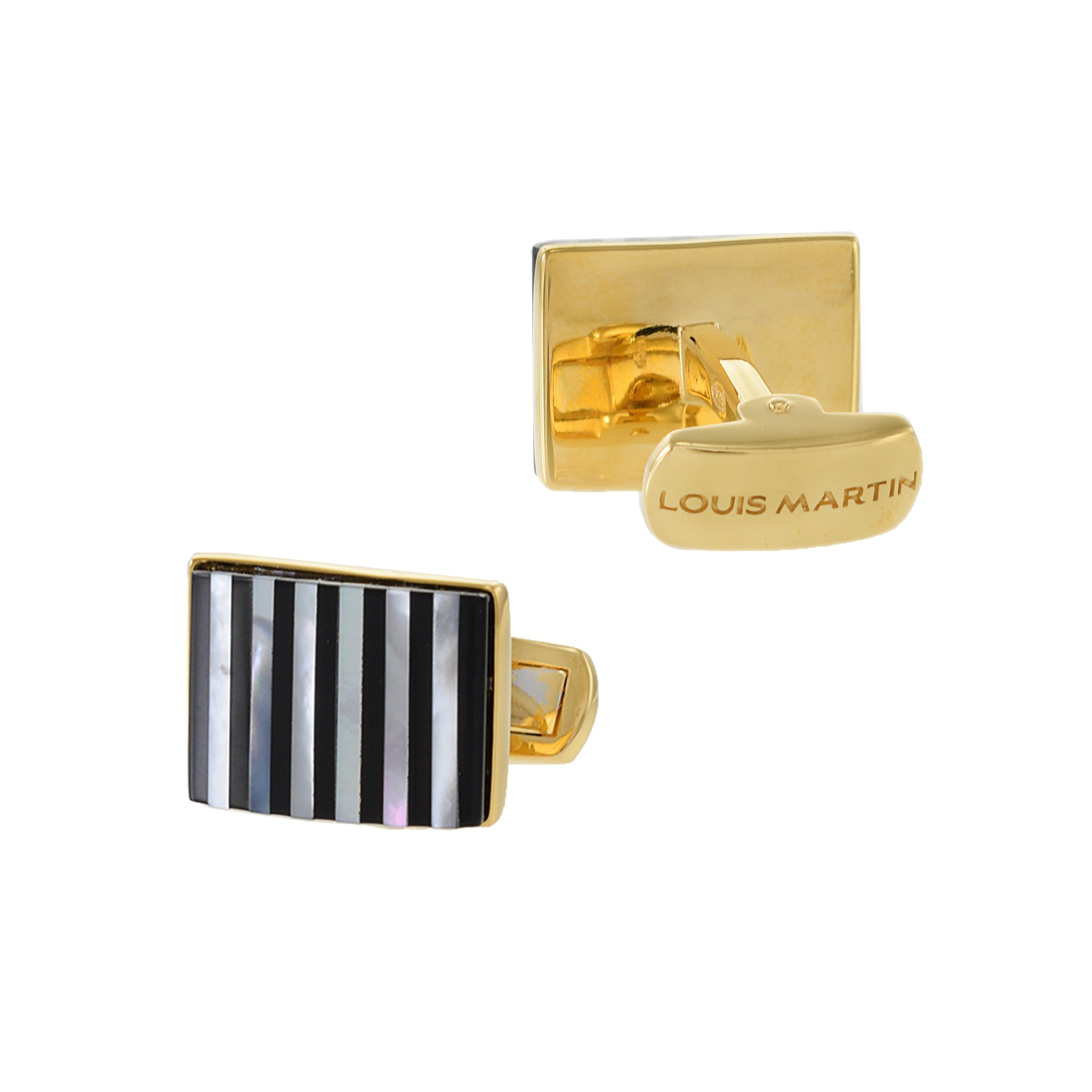 Louis Martin 18KT Yellow Gold Vermeil Black Onyx and Mother of Pearl Striped Cufflinks