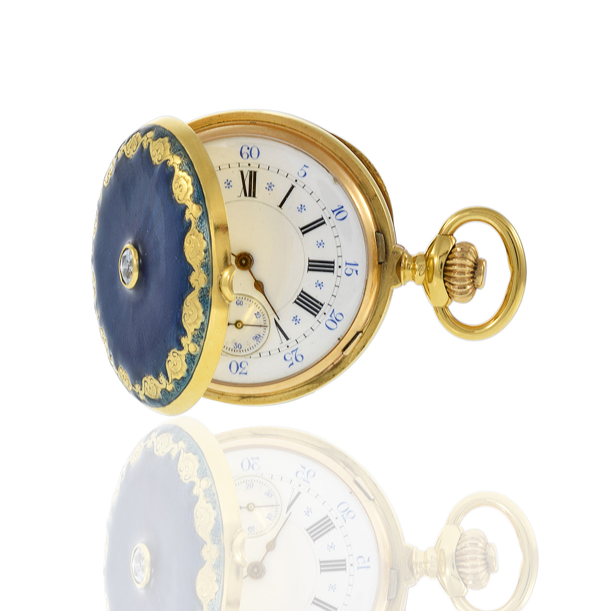 Vintage 1930's J. Dauer Geneve 18KT Yellow Gold Blue Enamel Pocket Watch