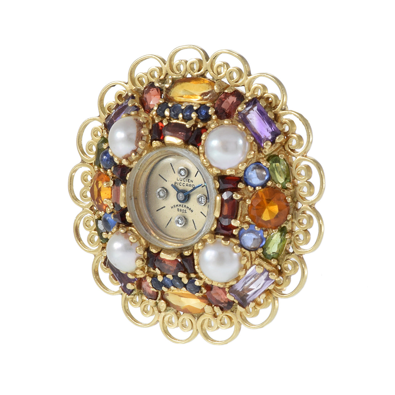 Lucien Piccard 1950s Multi Color Gemstone Brooch/Pendant Watch