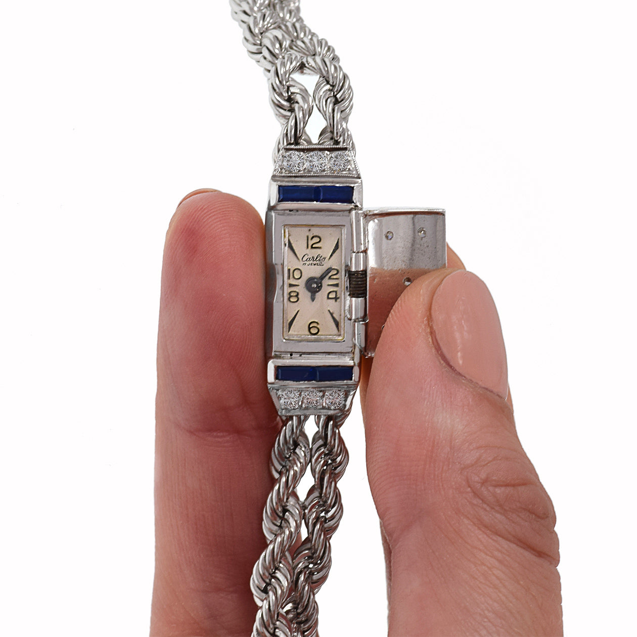 Carlto 1950's Ladies Cocktail 14KT White Gold Sapphire and Diamond Watch