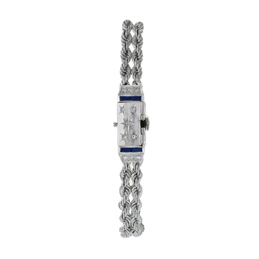 Carlto 1950's Ladies Cocktail 14KT White Gold Sapphire and Diamond Watch