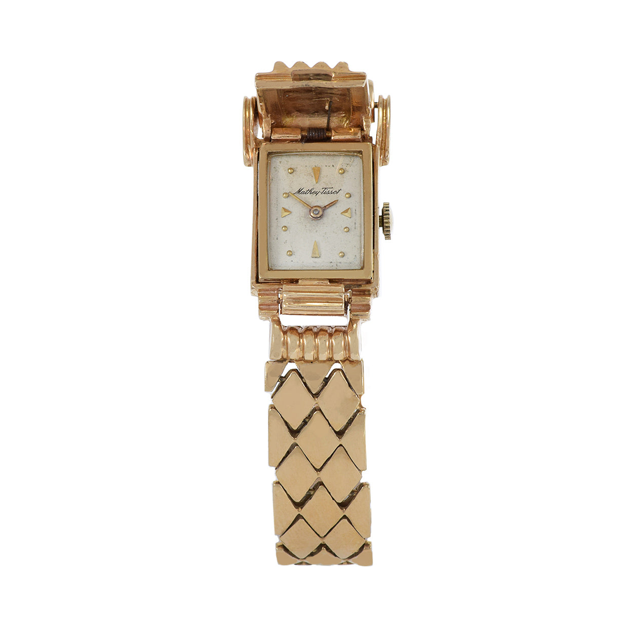 Mathey Tissot 1960's 14kt Rose Gold Ribbed Covered Bracelet Watch