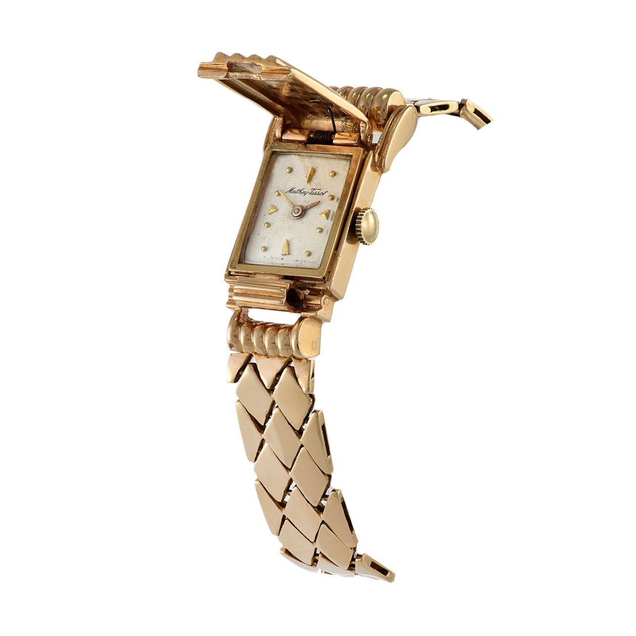 Mathey Tissot 1960's 14kt Rose Gold Ribbed Covered Bracelet Watch