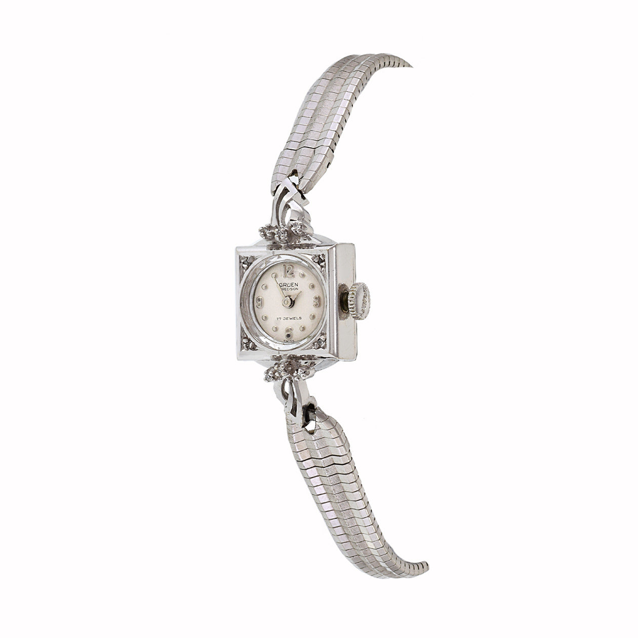 Gruen 1950's Ladies Cocktail Watch 4KT White Gold and Diamonds