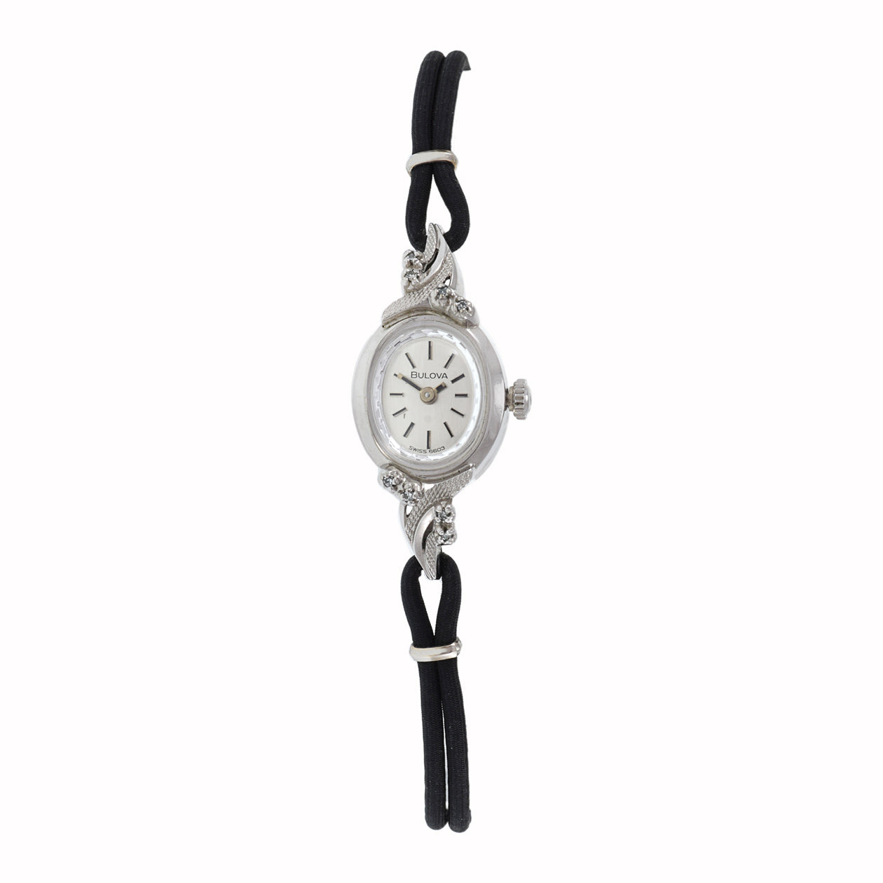 Vintage 1970's Bulova Cocktail Watch White Gold Plate with Diamonds